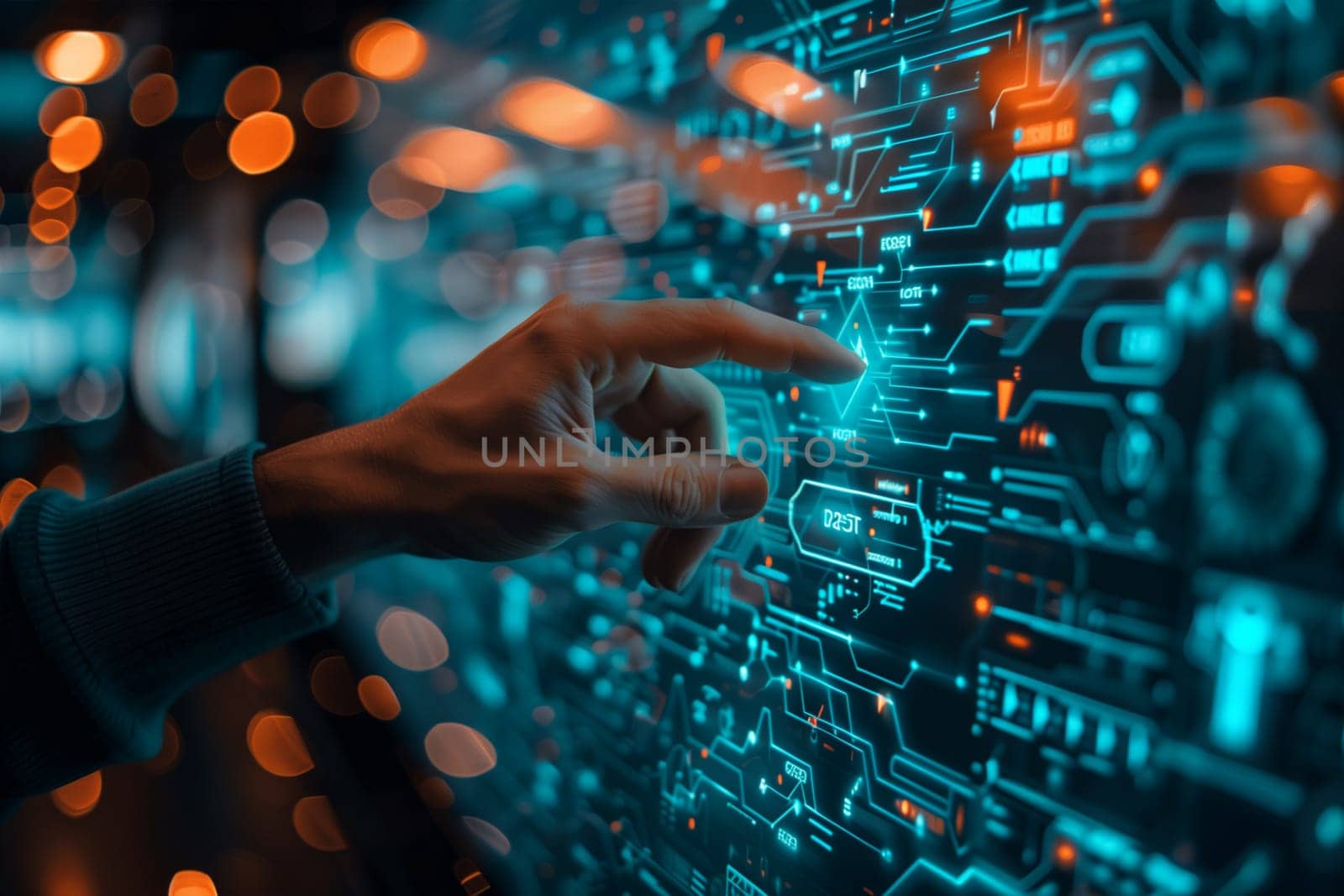 A persons hand touching buttons on a digital interface screen, interacting with technology.