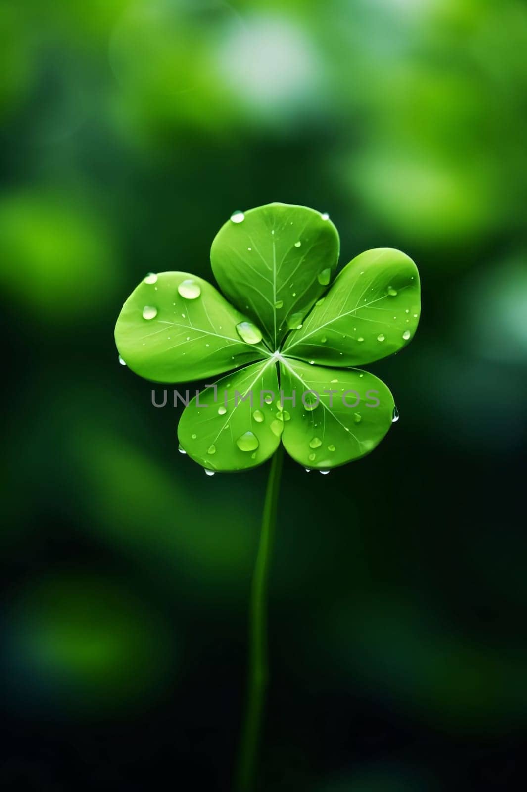 Small green stave on clover growing out of grass all around smudged green background. Green four-leaf clover symbol of St. Patrick's Day. Happy time of celebration in green color.