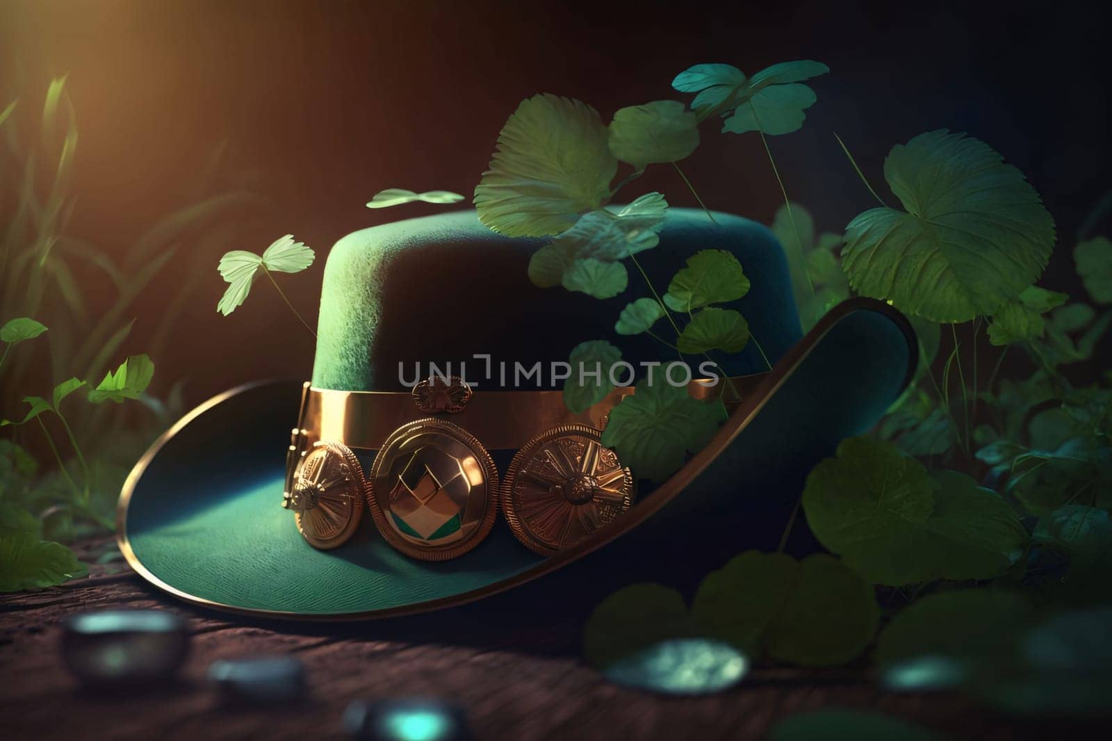 Hat with gold coins around green leaf clover. Green four-leaf clover symbol of St. Patrick's Day. Happy time of celebration in green color.