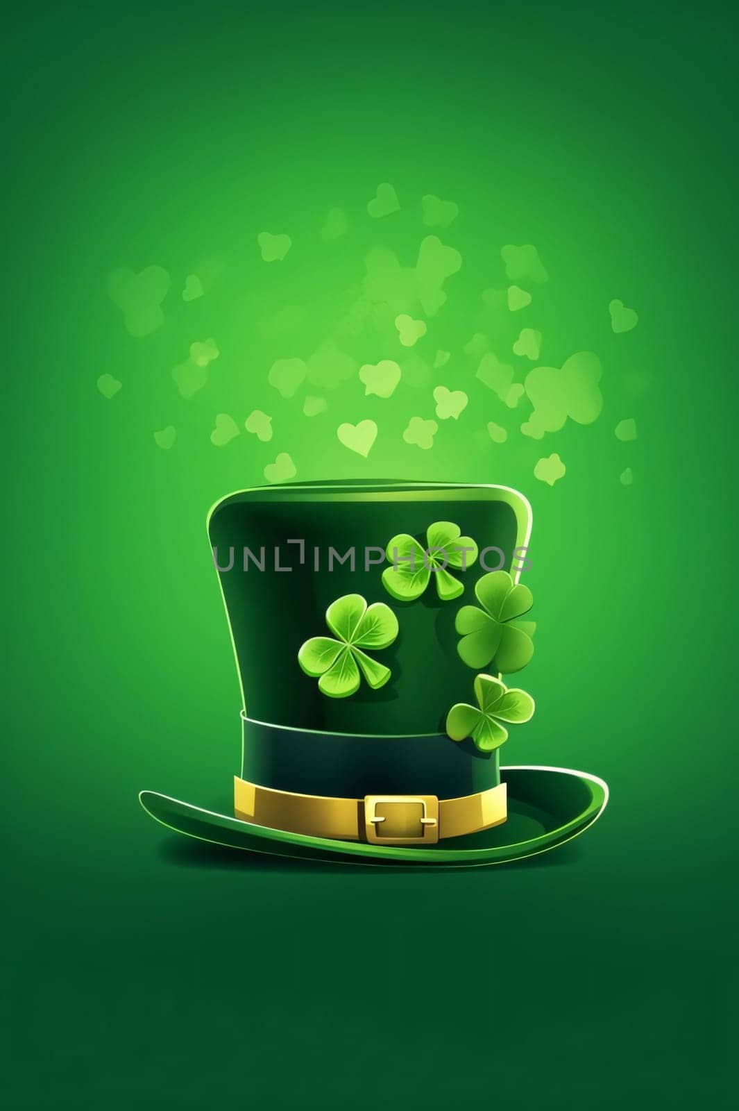 Illustration of green hat, cylinder with green clovers. Green four-leaf clover symbol of St. Patrick's Day. Happy time of celebration in green color.