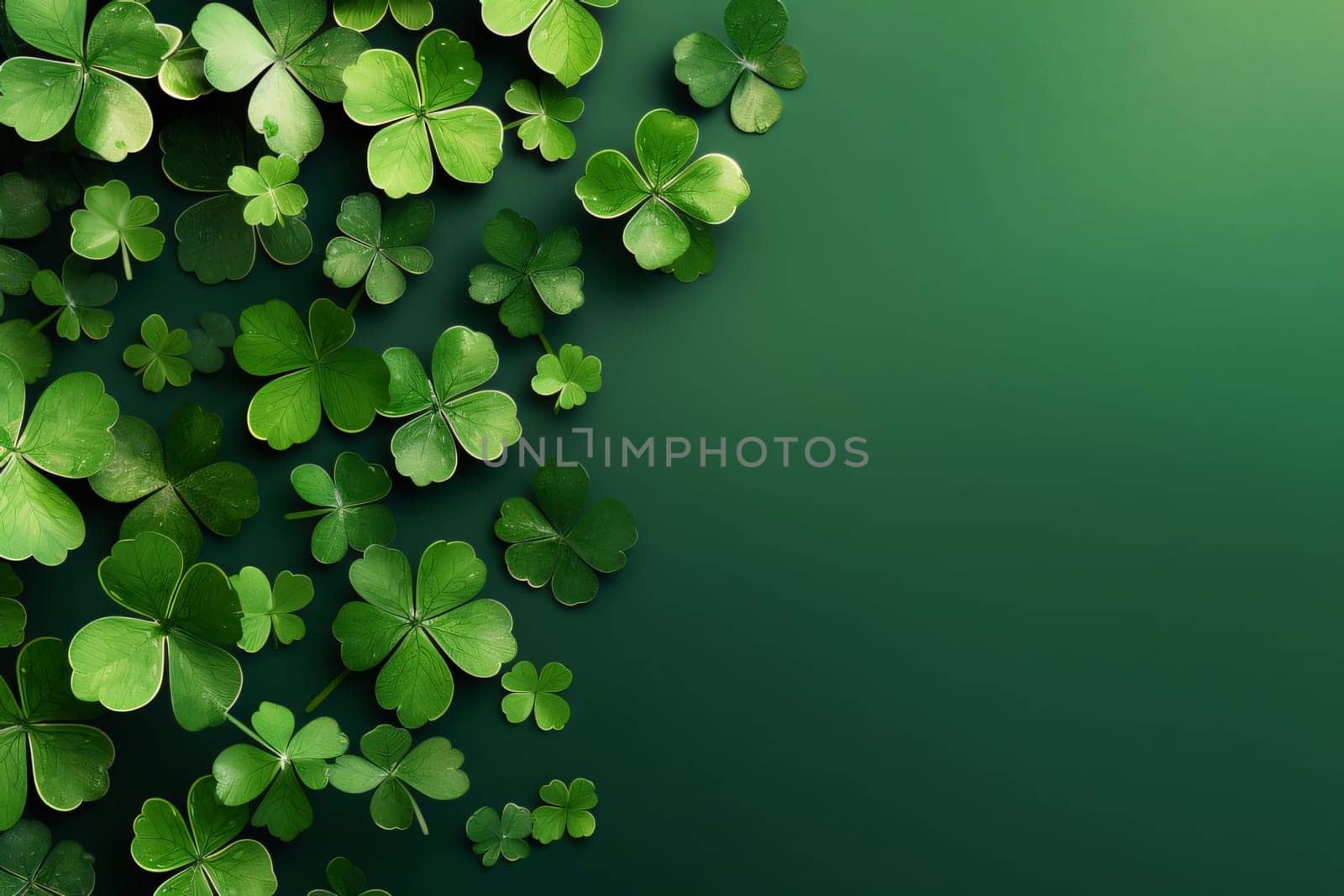 Banner, green background decorated on the left with green clovers. Space for your own content. Green four-leaf clover symbol of St. Patrick's Day. A joyous time of celebration in the green color.
