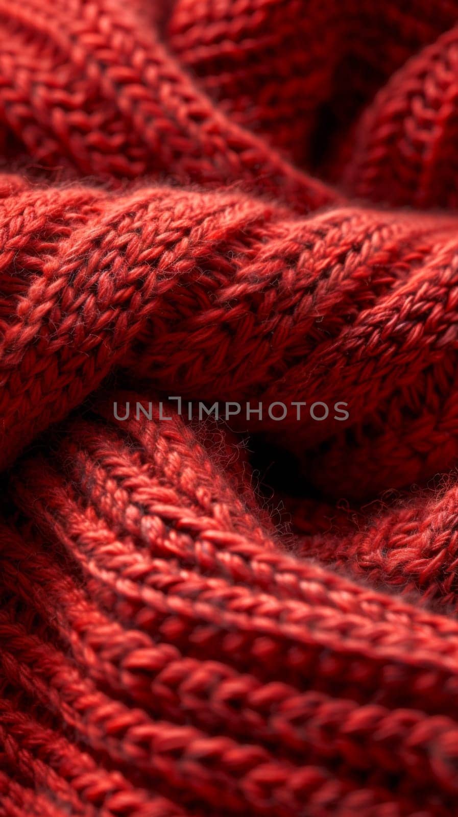 A close up of a red knitted fabric with some yarn