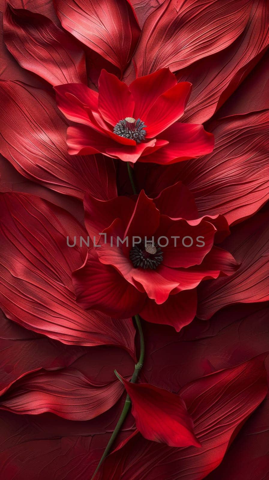 A close up of a red flower with leaves on it