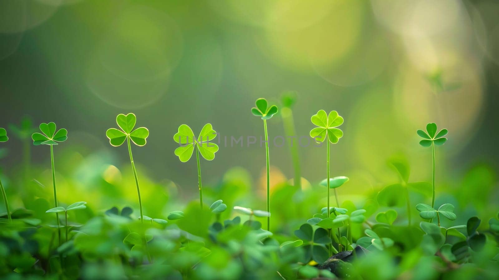 Fine green clovers growing out of the ground on a bright green background with great bokeh effect. Green four-leaf clover symbol of St. Patrick's Day. Happy time of celebration in green color.