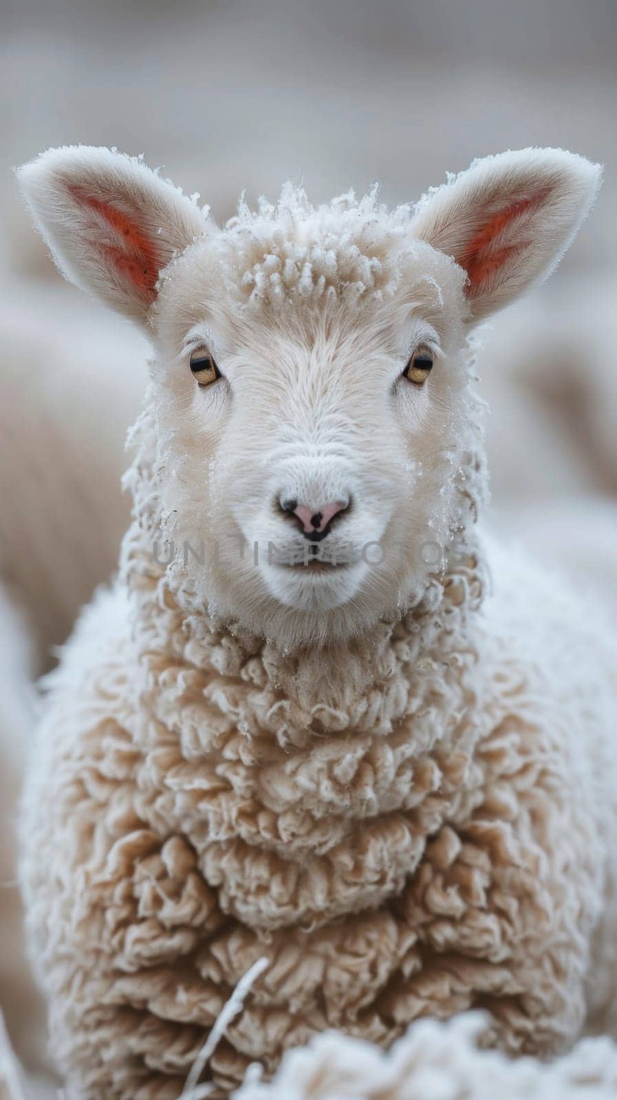 A close up of a sheep with frost on its face