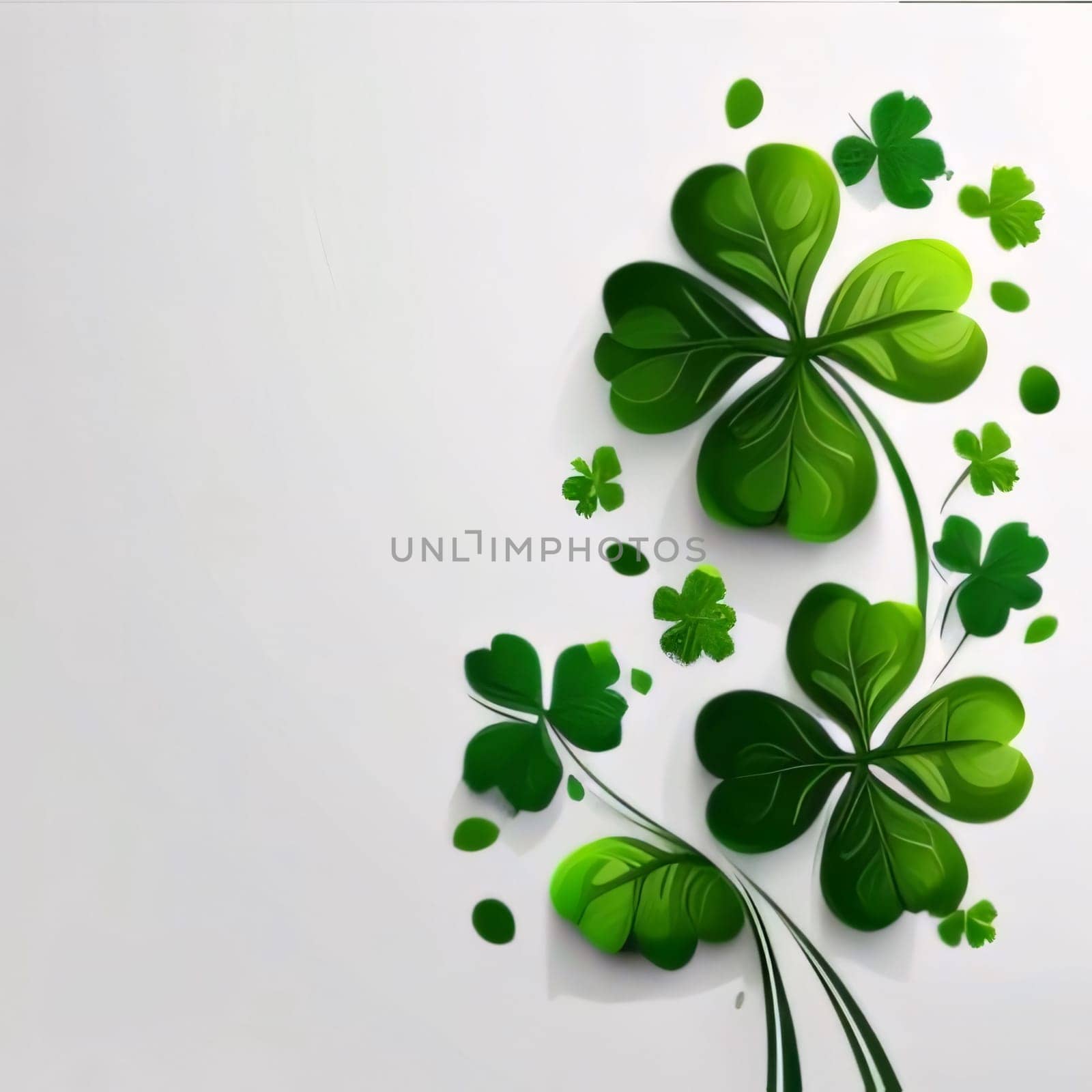 White background, decorated, green earrings, spaces for your own content. Green four-leaf clover symbol of St. Patrick's Day. Happy time of celebration in green color.