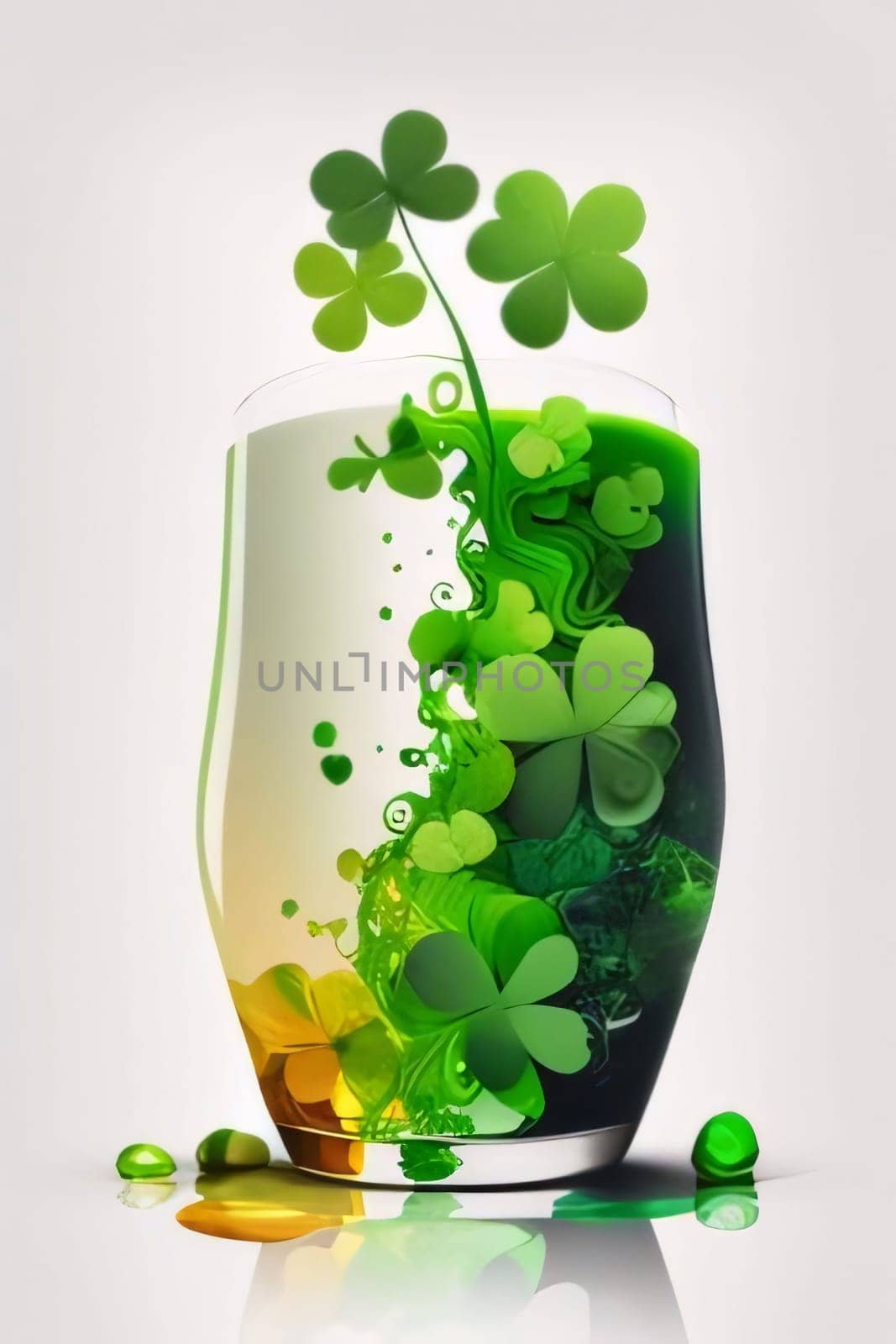 Glass decorated with green clovers white background. Green four-leaf clover symbol of St. Patrick's Day. Happy time of celebration in green color.