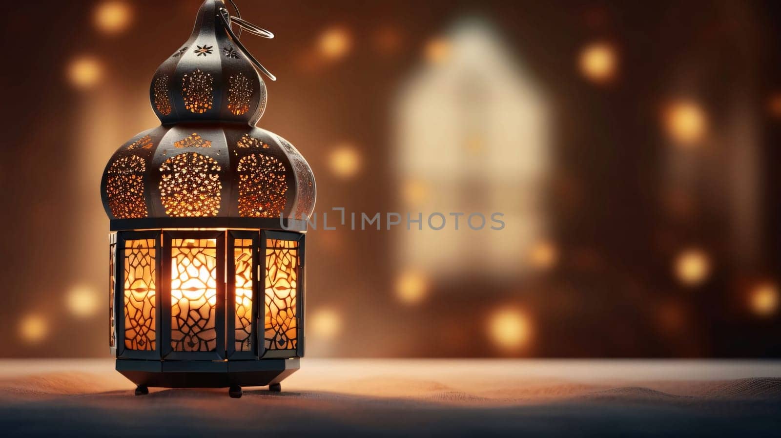 Burning gold decorated lantern on blurred background with bokeh effect. Lantern as a symbol of Ramadan for Muslims, banner with space for your own content. Blank field for the inscription.