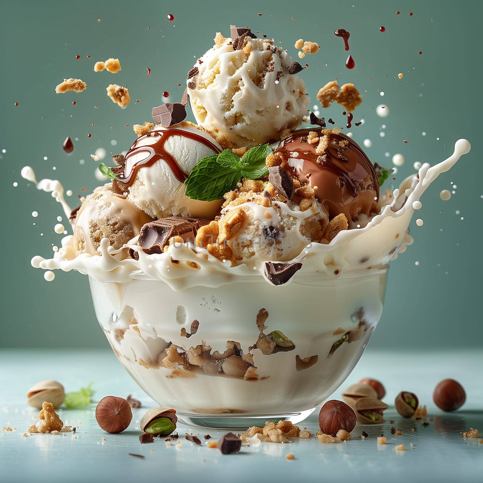 A bowl filled with creamy ice cream topped with crunchy nuts, ready to be enjoyed.