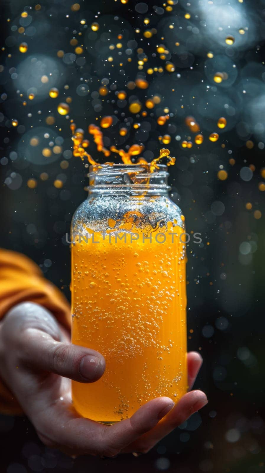 A person holding a jar of orange juice with bubbles coming out
