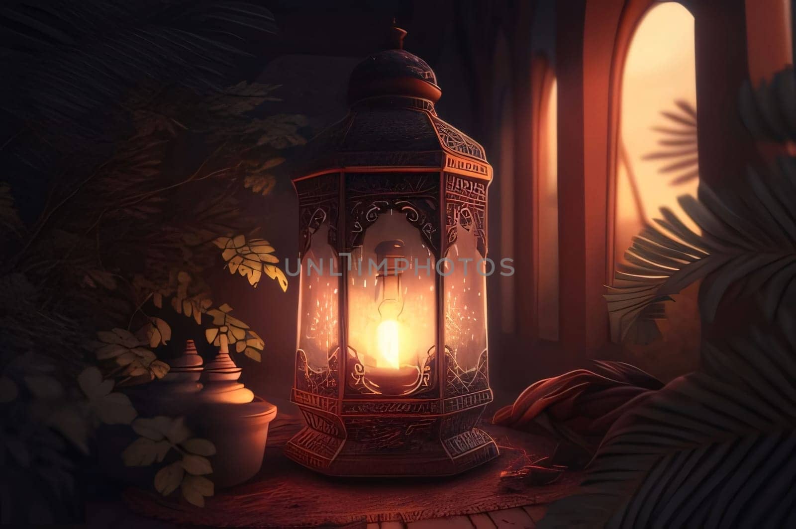 Burning lantern with decorations around green leaves of plants in the background of the window. Lantern as a symbol of Ramadan for Muslims. A time to meet with God.