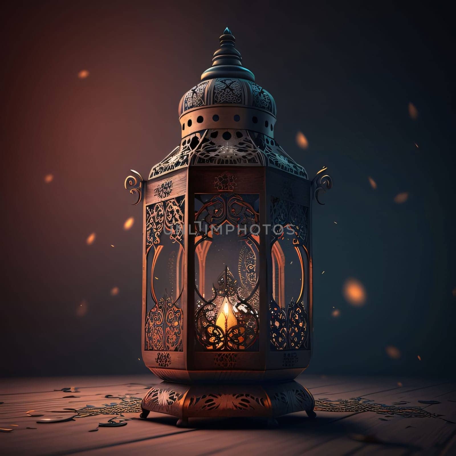 Gold decorated lantern with burning candle on wooden floor dark background. Lantern as a symbol of Ramadan for Muslims. A time to meet with God.