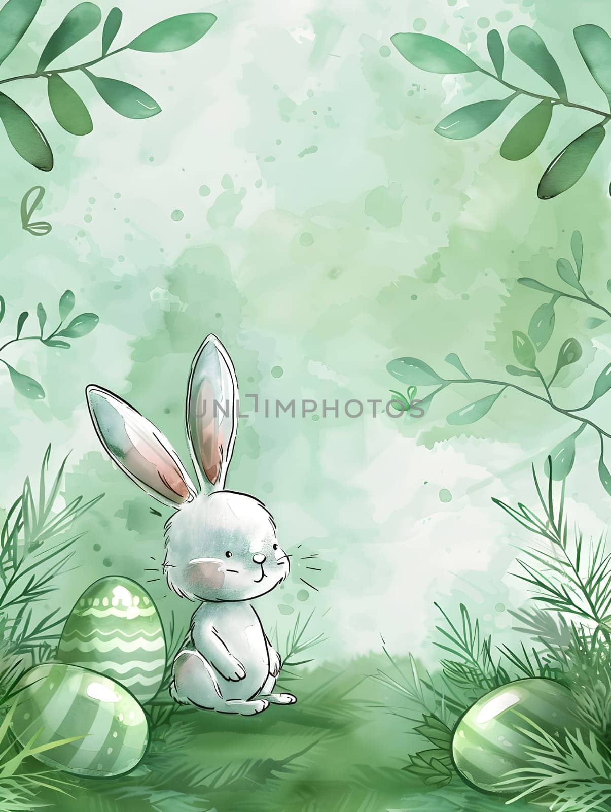 Cartoon Rabbit with Easter eggs in grass. Artistic painting of nature by Nadtochiy