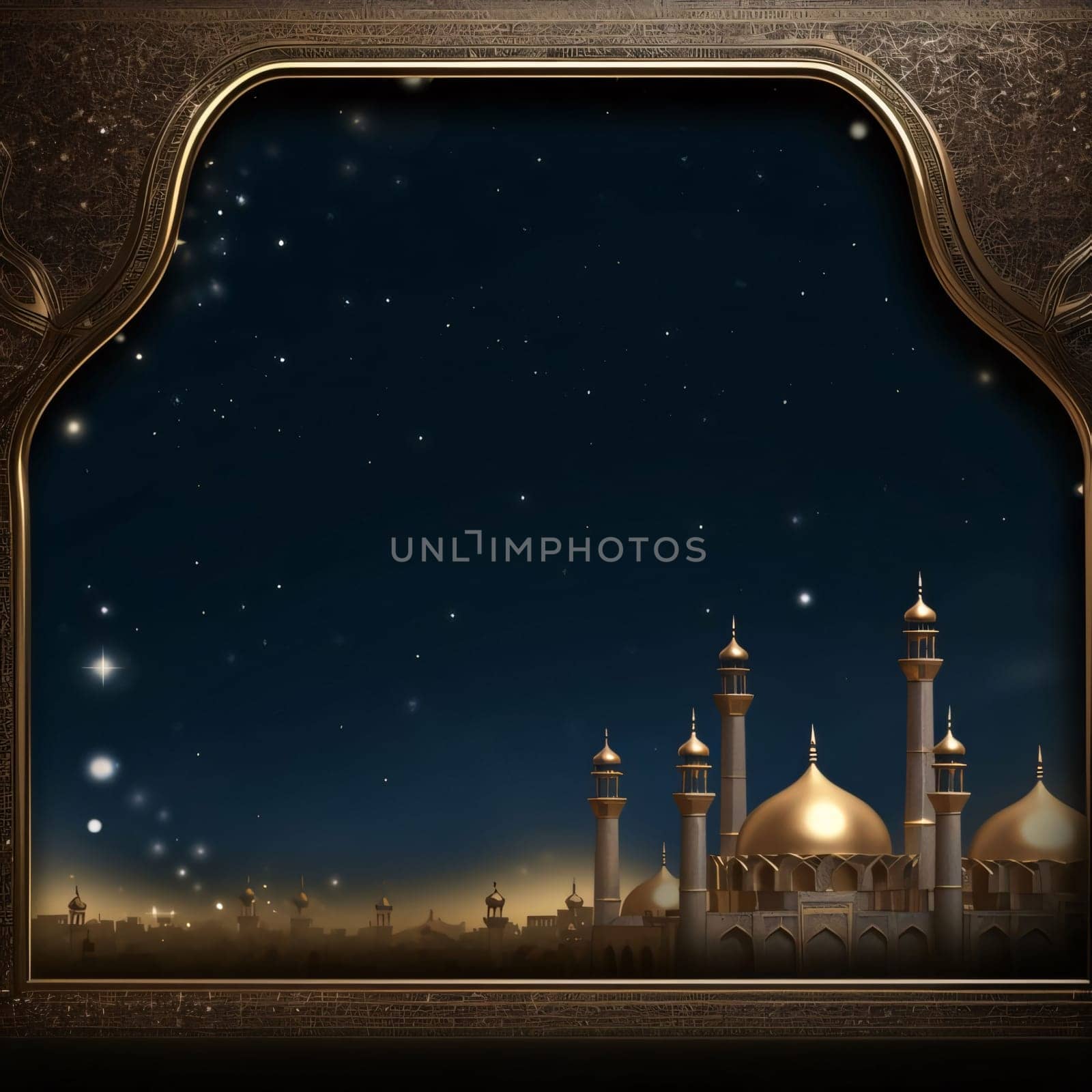 Gold frame with an image, silhouette of a golden mosque against a night sky background, empty field with space for your own content. Lantern as a symbol of Ramadan for Muslims. A time to meet with God.