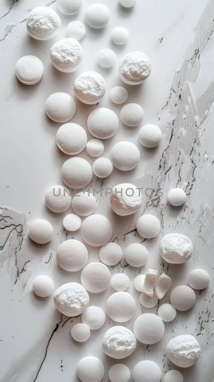 A bunch of white pills on a marble counter top