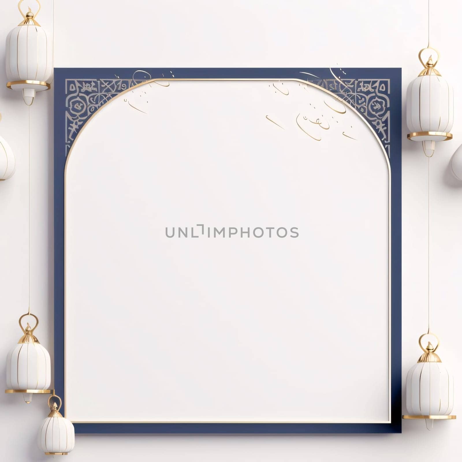 Frame with a white blank field in the middle for your own content around hanging white and gold lanterns. Lantern as a symbol of Ramadan for Muslims. A time to meet with God.