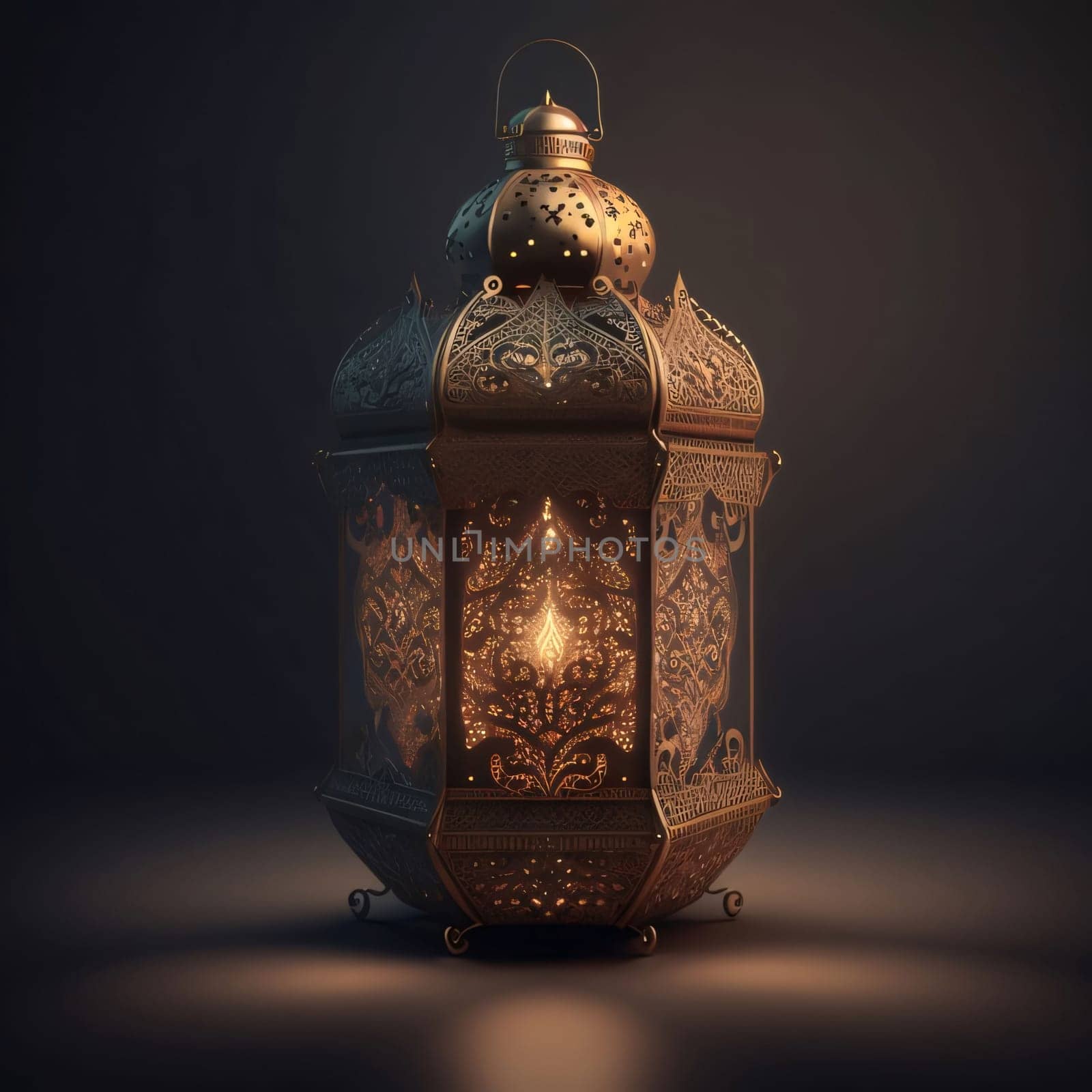 Gold decorated lantern burning on a dark background. Lantern as a symbol of Ramadan for Muslims. A time to meet with God.