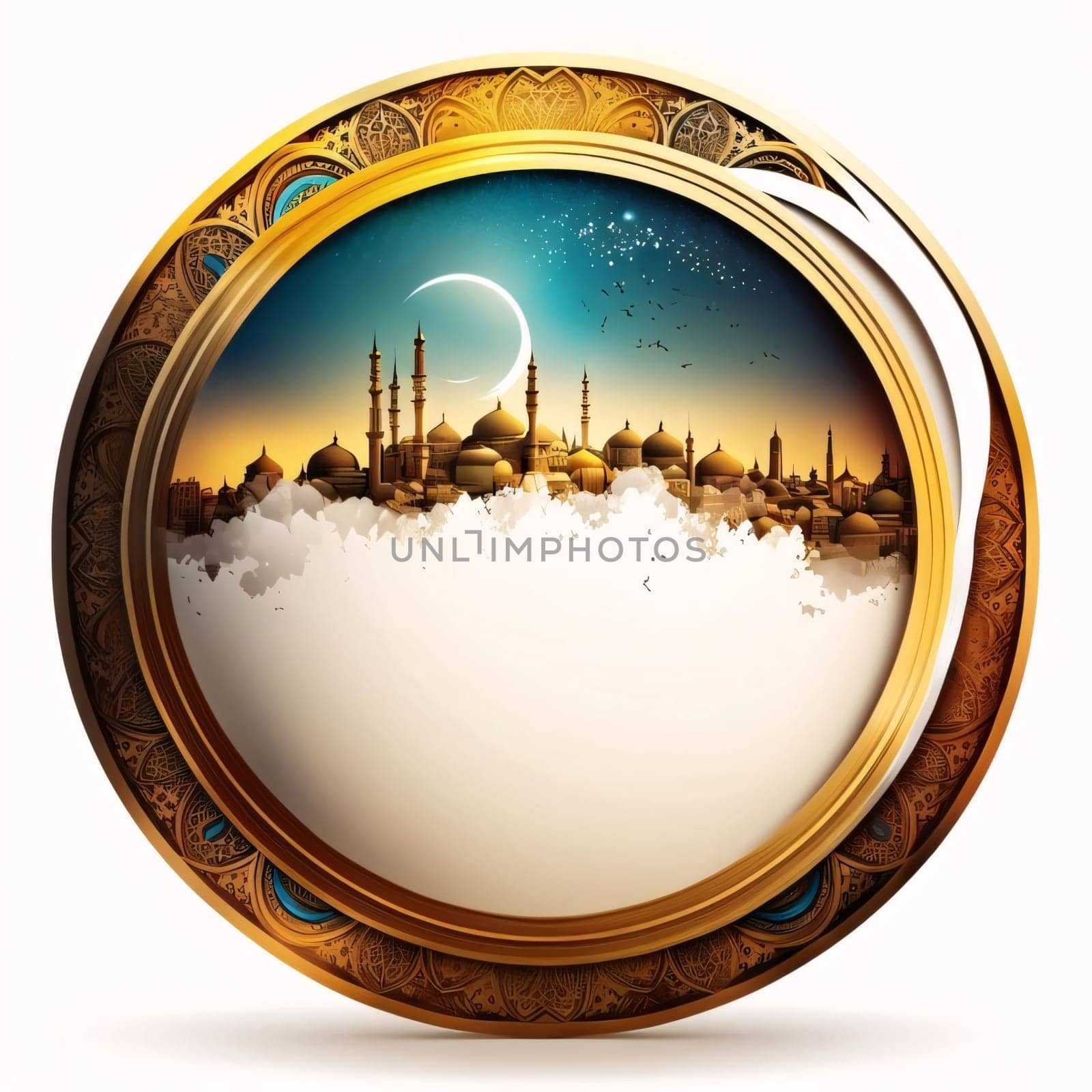 Gold decorated circle in the middle of the mosques, towers, moon, night, white background. Lantern as a symbol of Ramadan for Muslims. A time to meet with God.