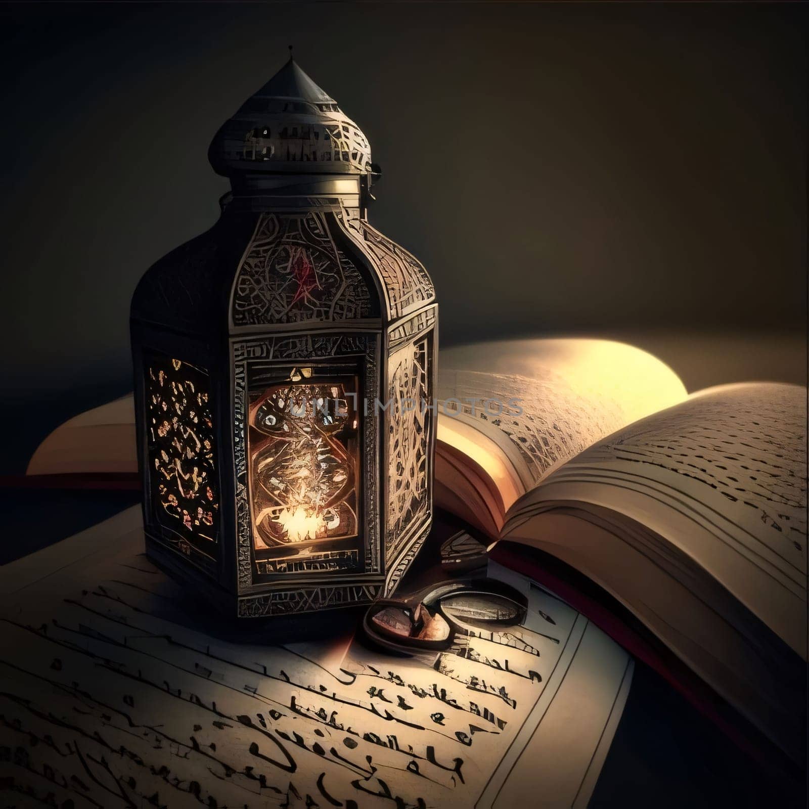 Burning in decorated gold lantern over a book of the Quran, dark background. Lantern as a symbol of Ramadan for Muslims. A time to meet with God.