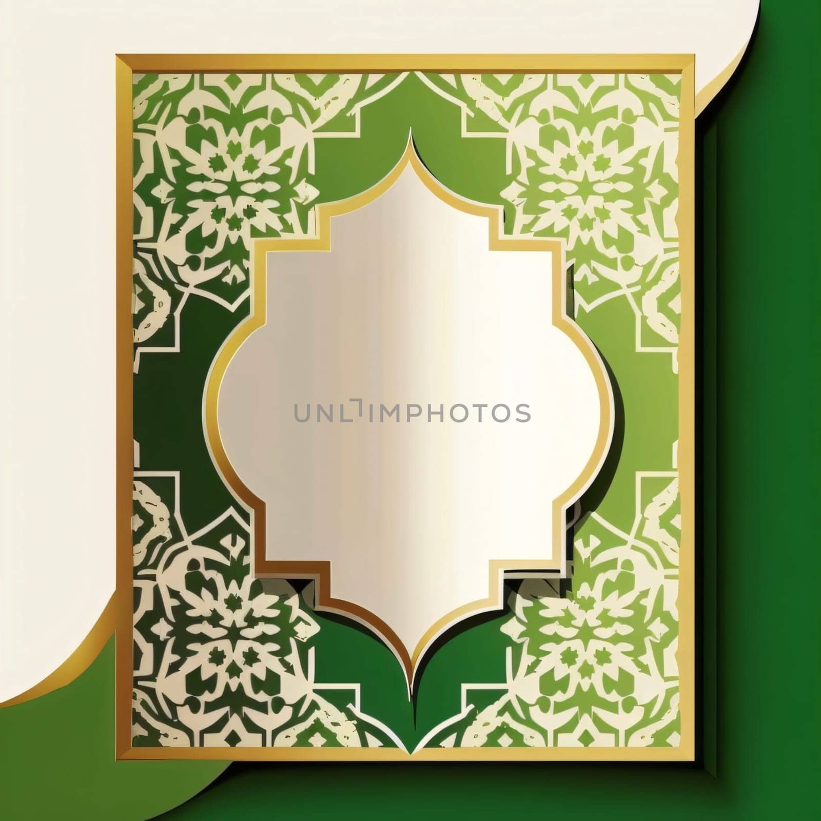 Green decorated card with space for your own content, white blank in the middle. Lantern as a symbol of Ramadan for Muslims. A time to meet with God.