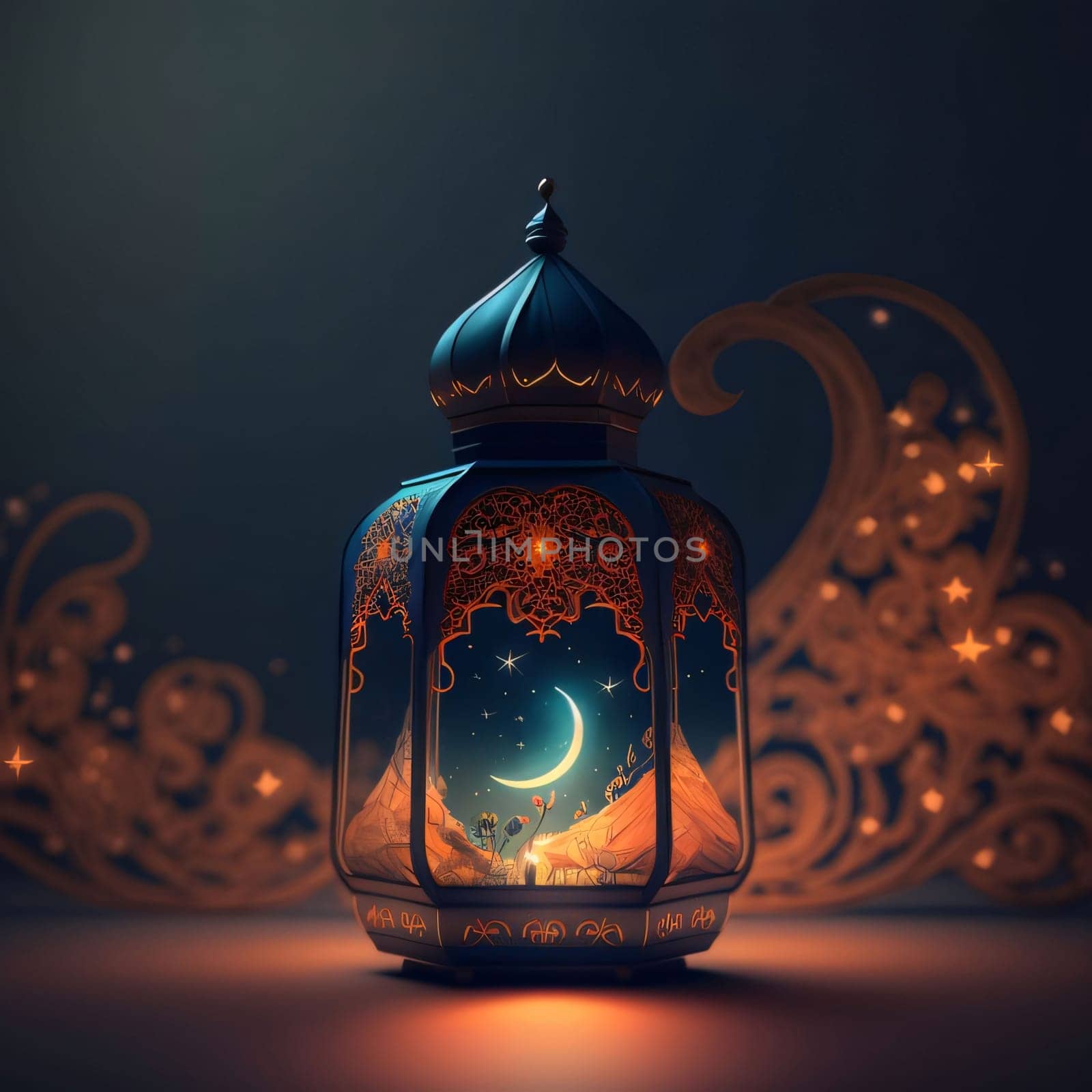 Burning lantern decorated with a crescent moon on a dark background with stars. Lantern as a symbol of Ramadan for Muslims. A time to meet with God.