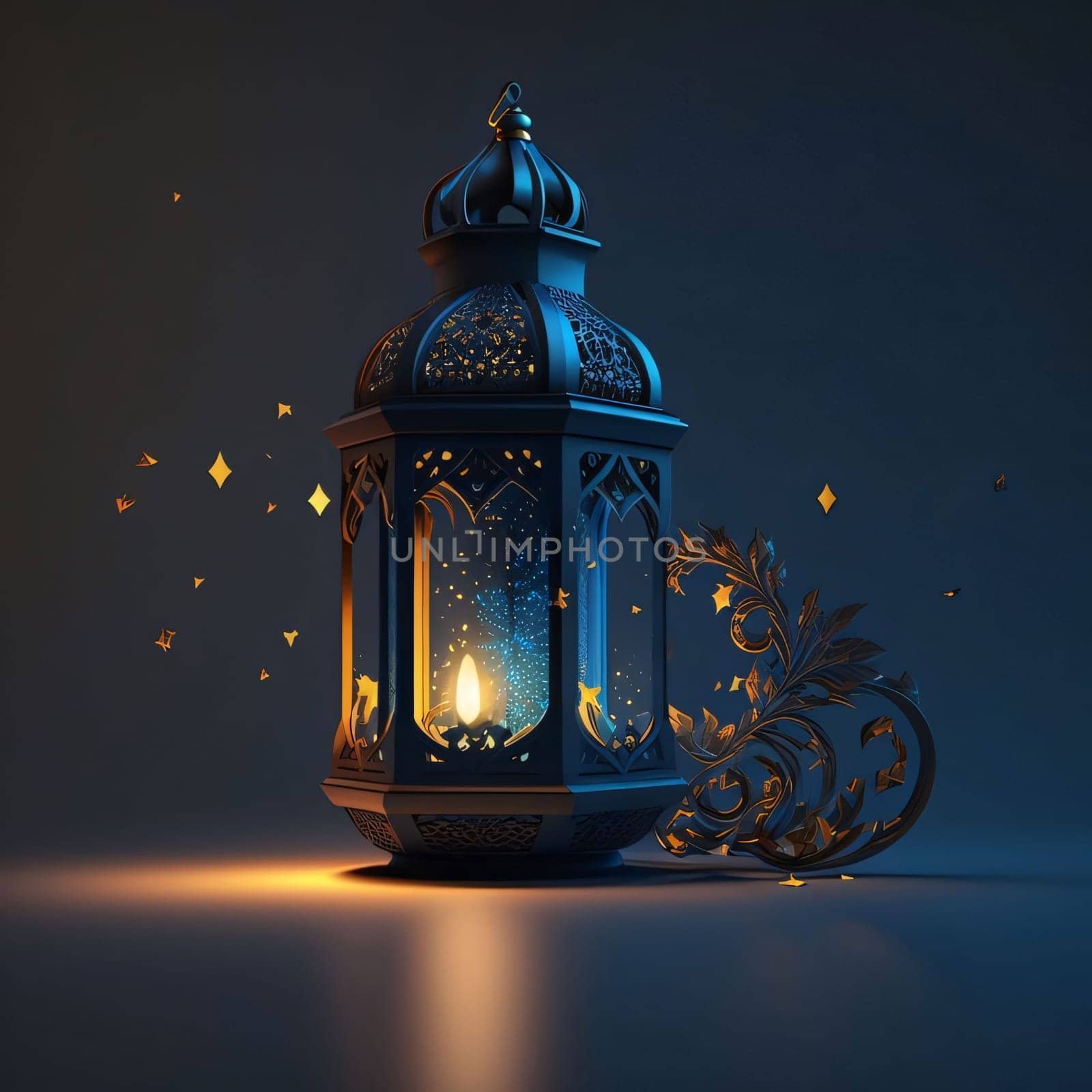 Decorated burning lantern on a dark background. Lantern as a symbol of Ramadan for Muslims. A time to meet with God.