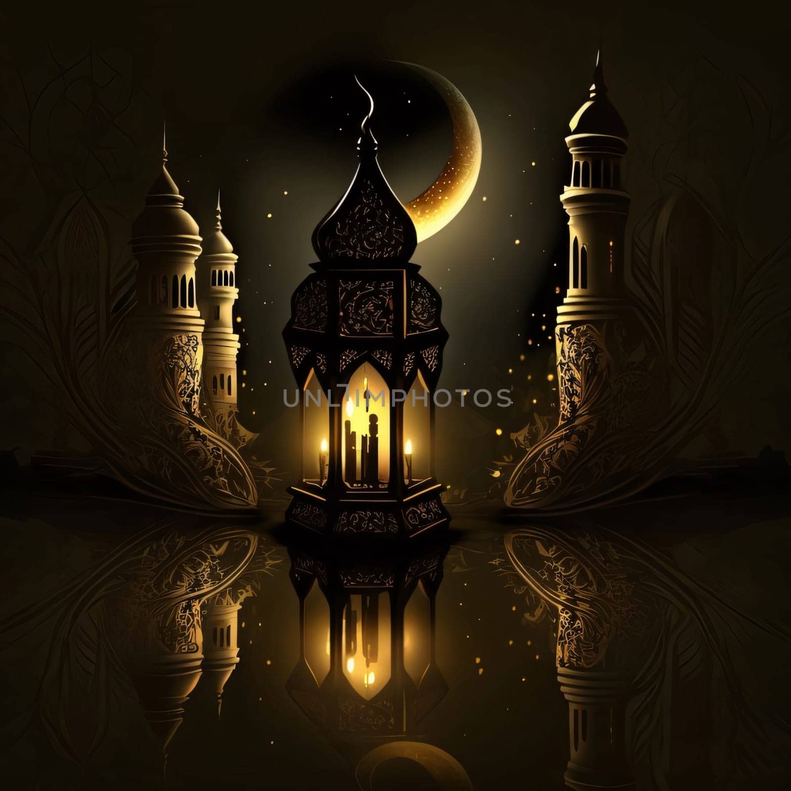 Burning lantern around the towers of minarets in the background Crescent mirror image. Lantern as a symbol of Ramadan for Muslims. A time to meet with God.