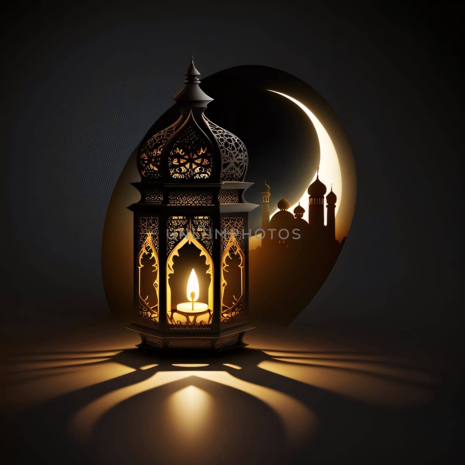 Decorated, lantern with a candle on the background of a mosque silhouette, crescent moon, dark background. Lantern as a symbol of Ramadan for Muslims. A time to meet with God.