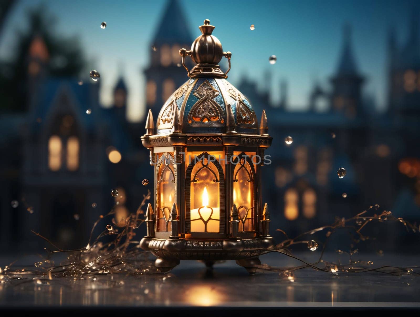 Standing, smoking decorated gold elegantly lantern with candle falling rain, smudged building in the background. Lantern as a symbol of Ramadan for Muslims. A time to meet with God.