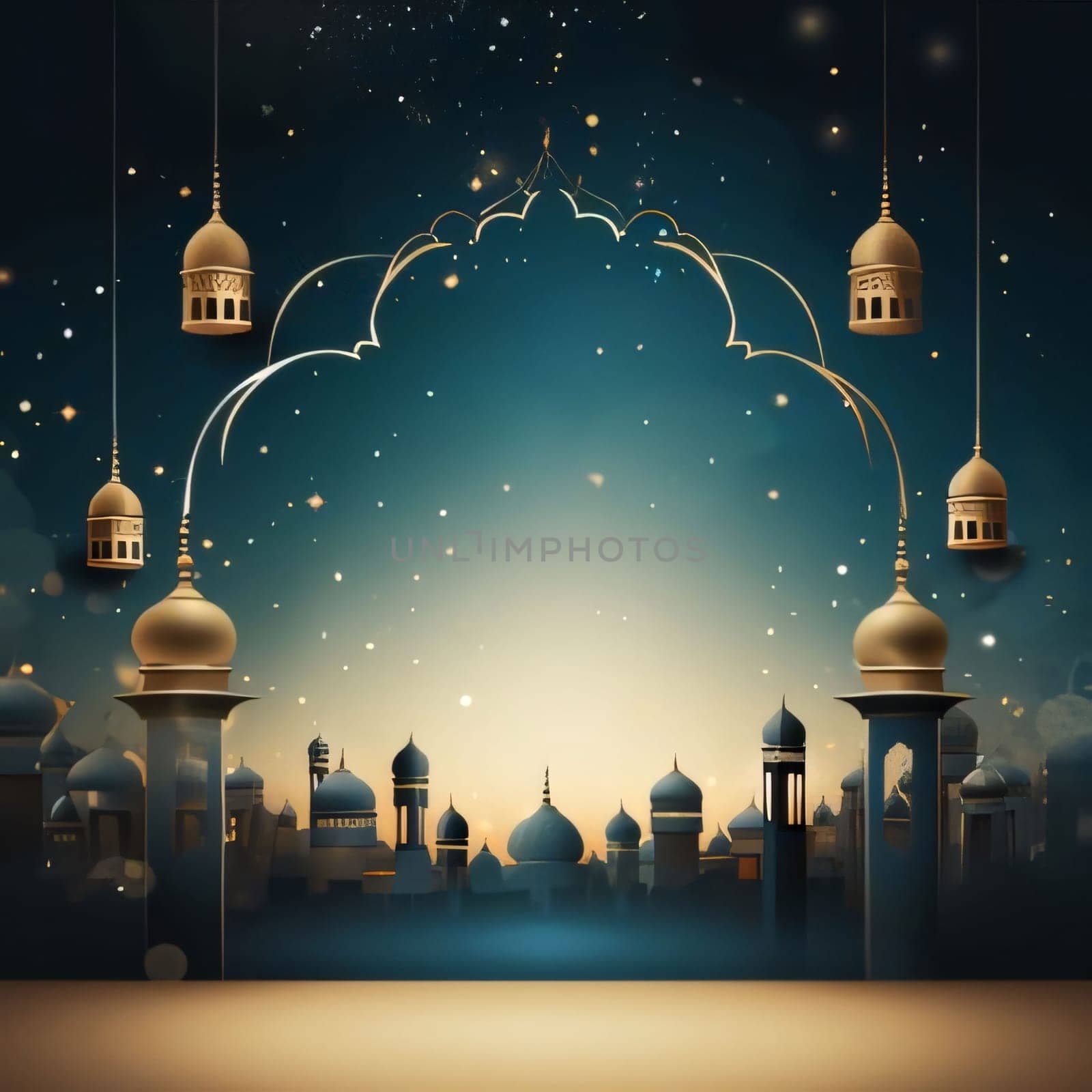 Illustration of hanging golden lanterns in the background high towers minarets, mosques. Lantern as a symbol of Ramadan for Muslims. A time to meet with God.