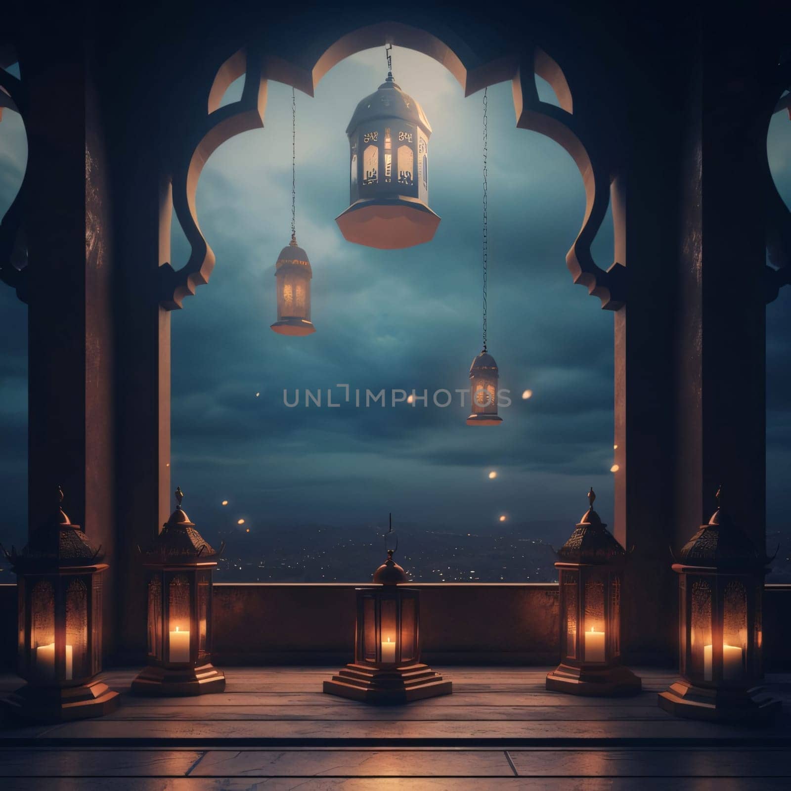 Stojące na balkonie palące się lampiony, nocne, zachmurzone niebo. Lantern as a symbol of Ramadan for Muslims. A time to meet with God.
