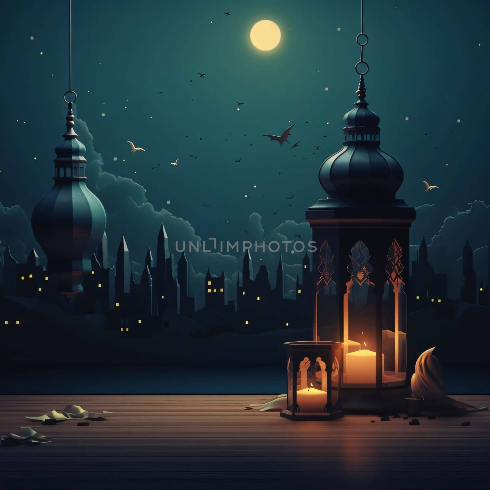 Lanterns with candles on wood in the background silhouettes of houses at night. Lantern as a symbol of Ramadan for Muslims. A time to meet with God.