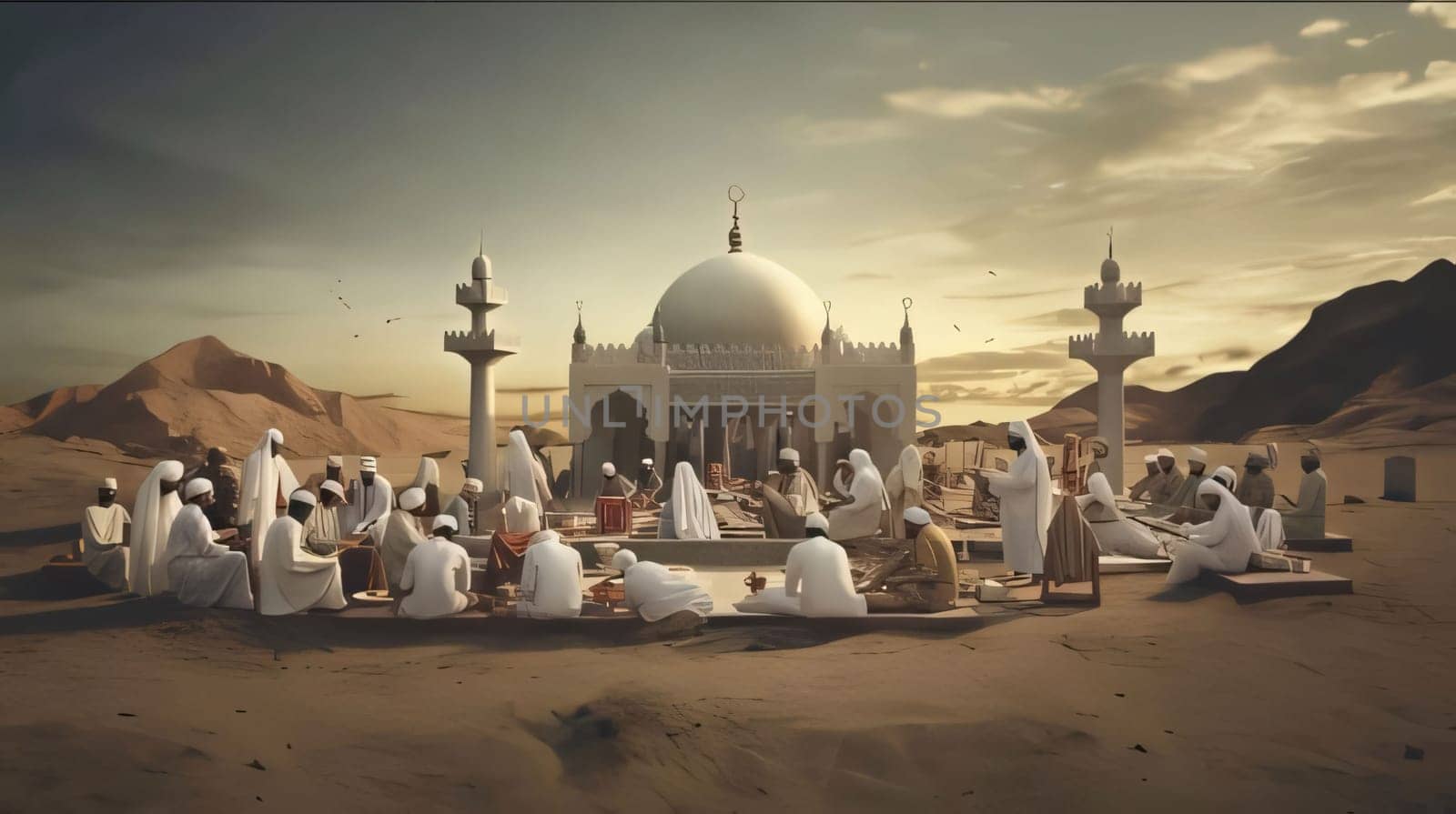 Mosque building and people gathered for prayer opposite, desert sunset. Mosque as a place of prayer for Muslims. A time to meet with Allah.