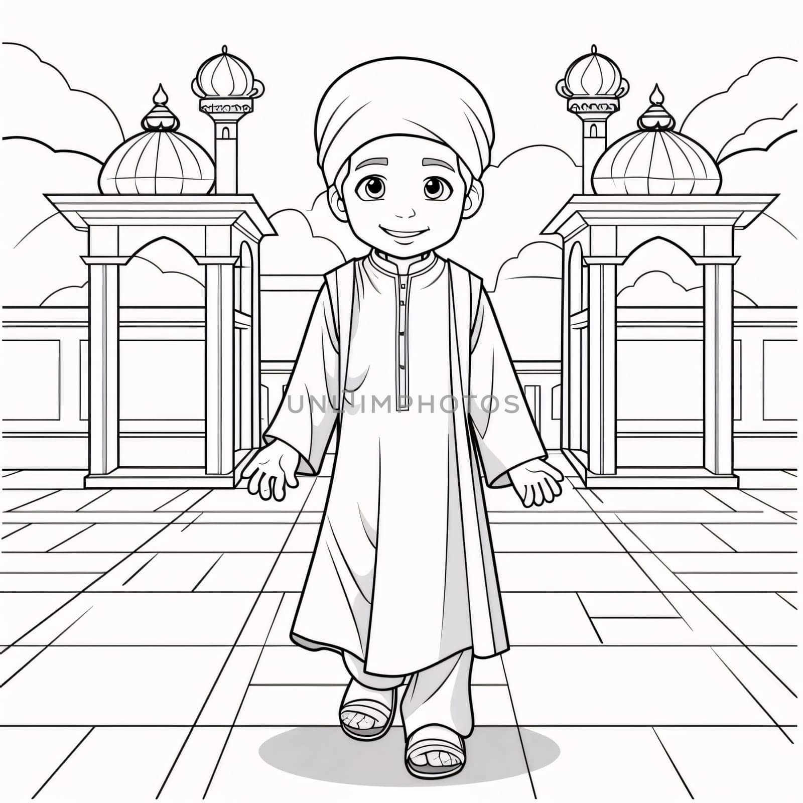Black and white coloring sheet, a young boy walking against a background of tall towers. Ramadan as a time of fasting and prayer for Muslims. A time to meet with Allah.