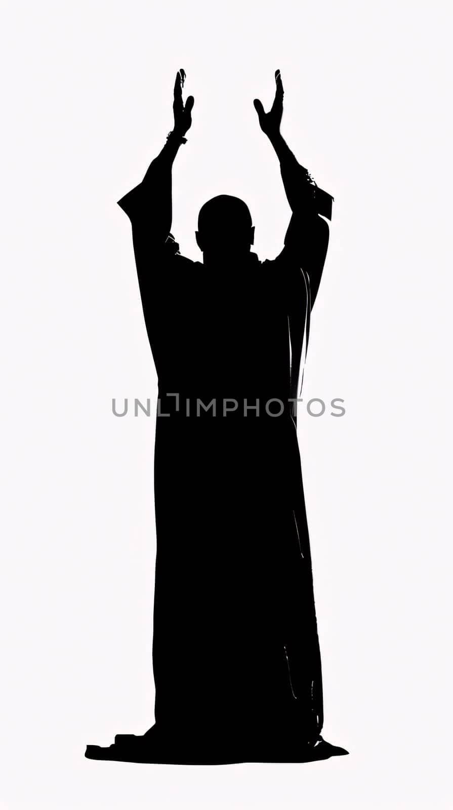 Black and white silhouette of a man with his hands raised towards the top of a white, solid background. Ramadan as a time of fasting and prayer for Muslims. by ThemesS