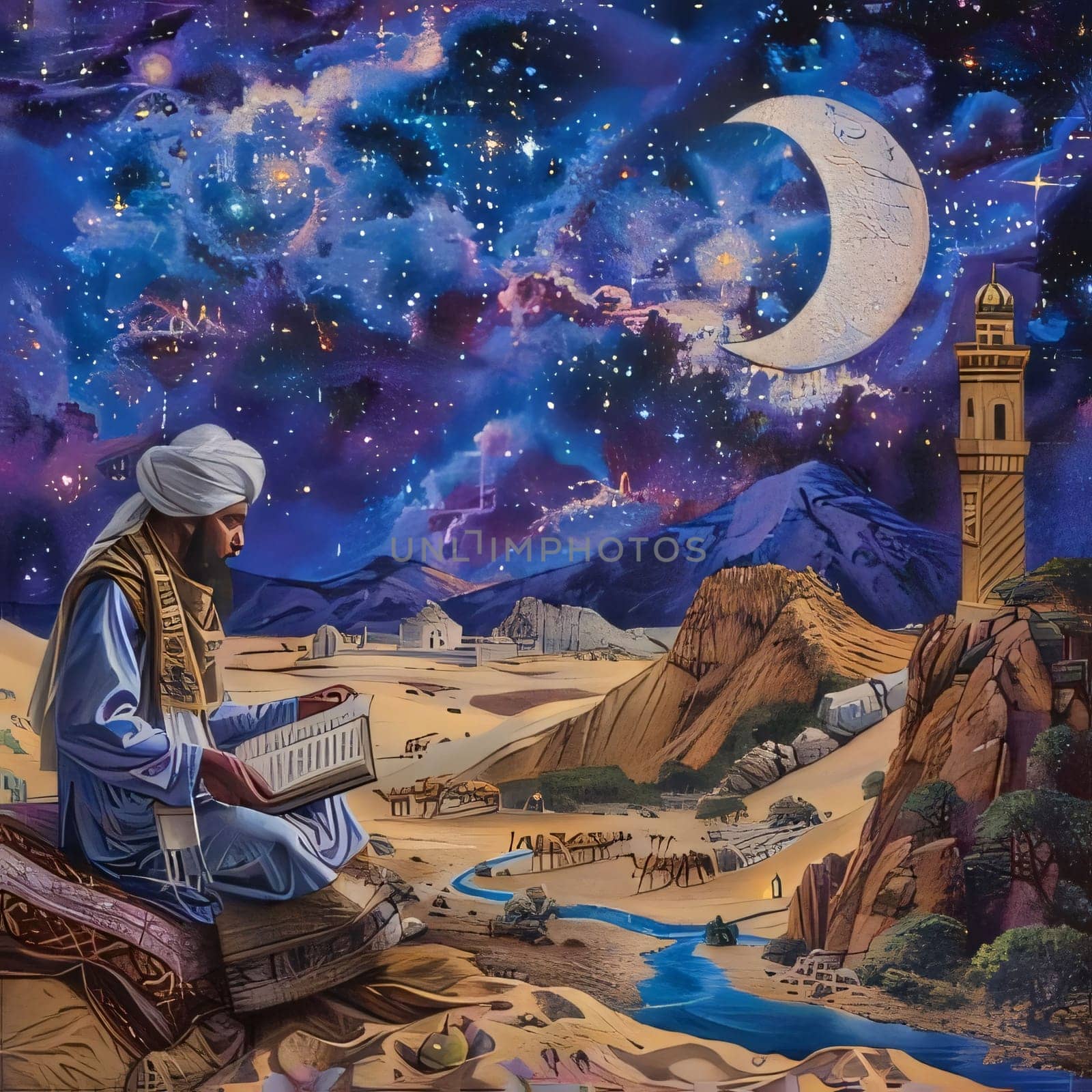 Illustration of a man in a turban reading the Quran in the background desert oasis Mosque tower Crescent in the sky. Ramadan as a time of fasting and prayer for Muslims. A time to meet with Allah.