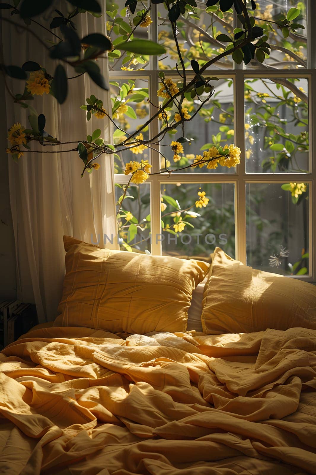 A hardwood bed with yellow linens and pillows is placed in front of a window overlooking yellow flowers. The room is decorated with twig accents and shades of plant green