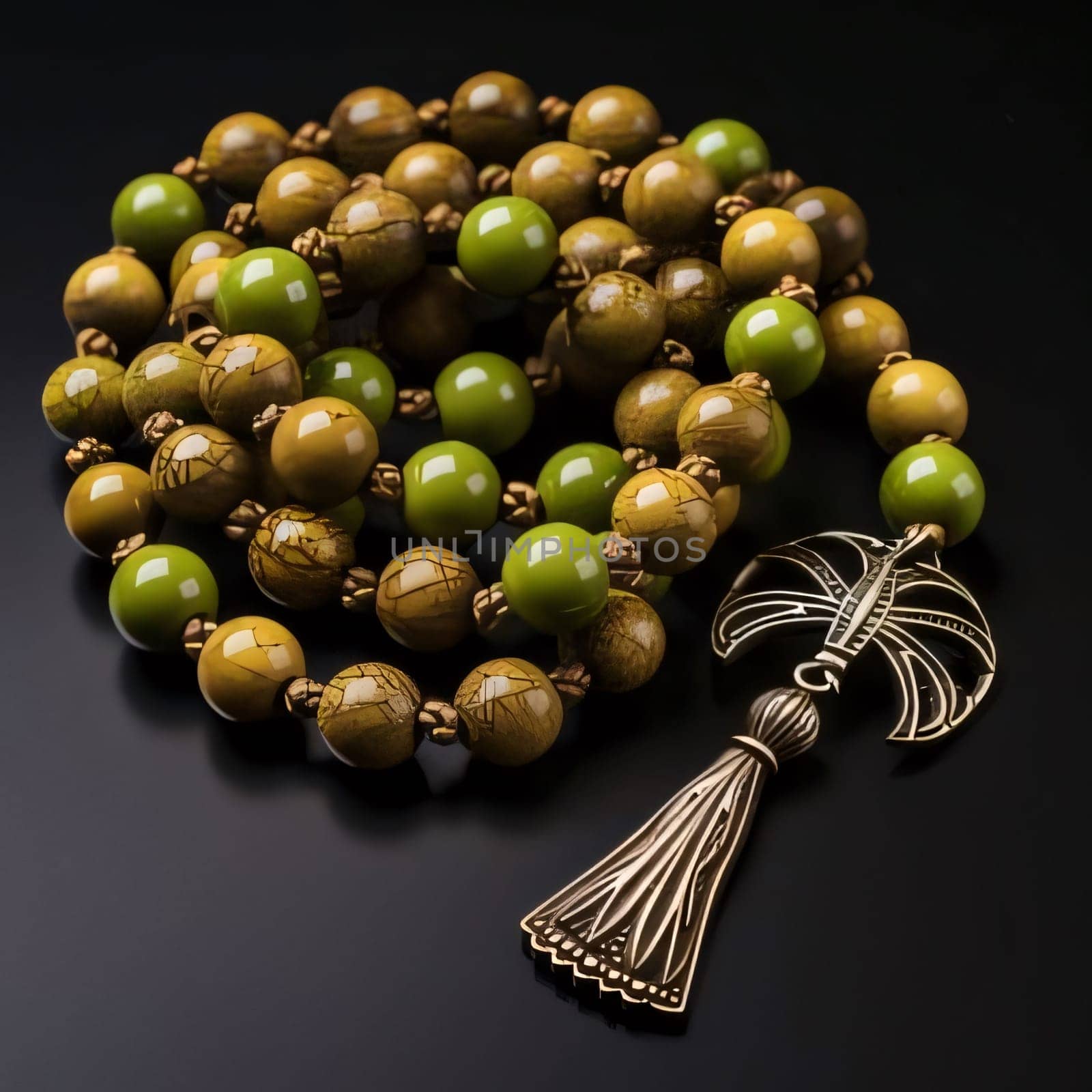 A beaded bracelet that looks like a rosary on a dark background. Ramadan as a time of fasting and prayer for Muslims. A time to meet with Allah.