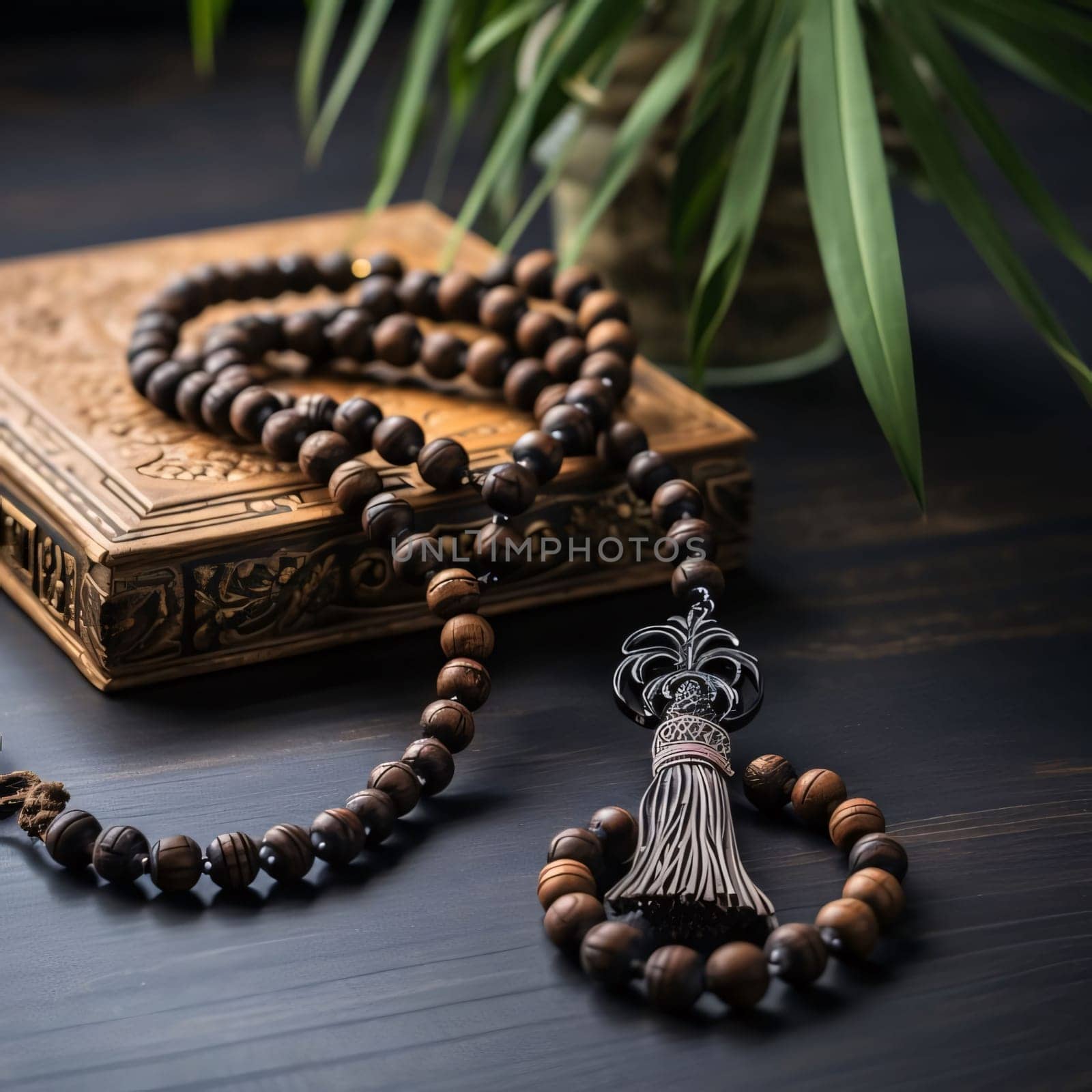 Bracelet with beads on a decorated book in the background of a green flower leaves. Ramadan as a time of fasting and prayer for Muslims. A time to meet with Allah.