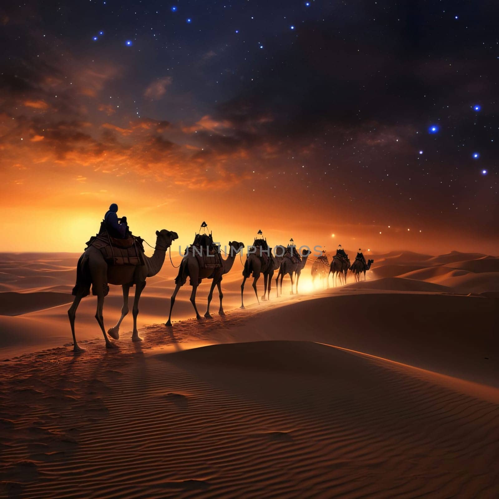 A man leading a herd of camels through the desert at sunset stars in the sky. Ramadan as a time of fasting and prayer for Muslims. A time to meet with Allah.