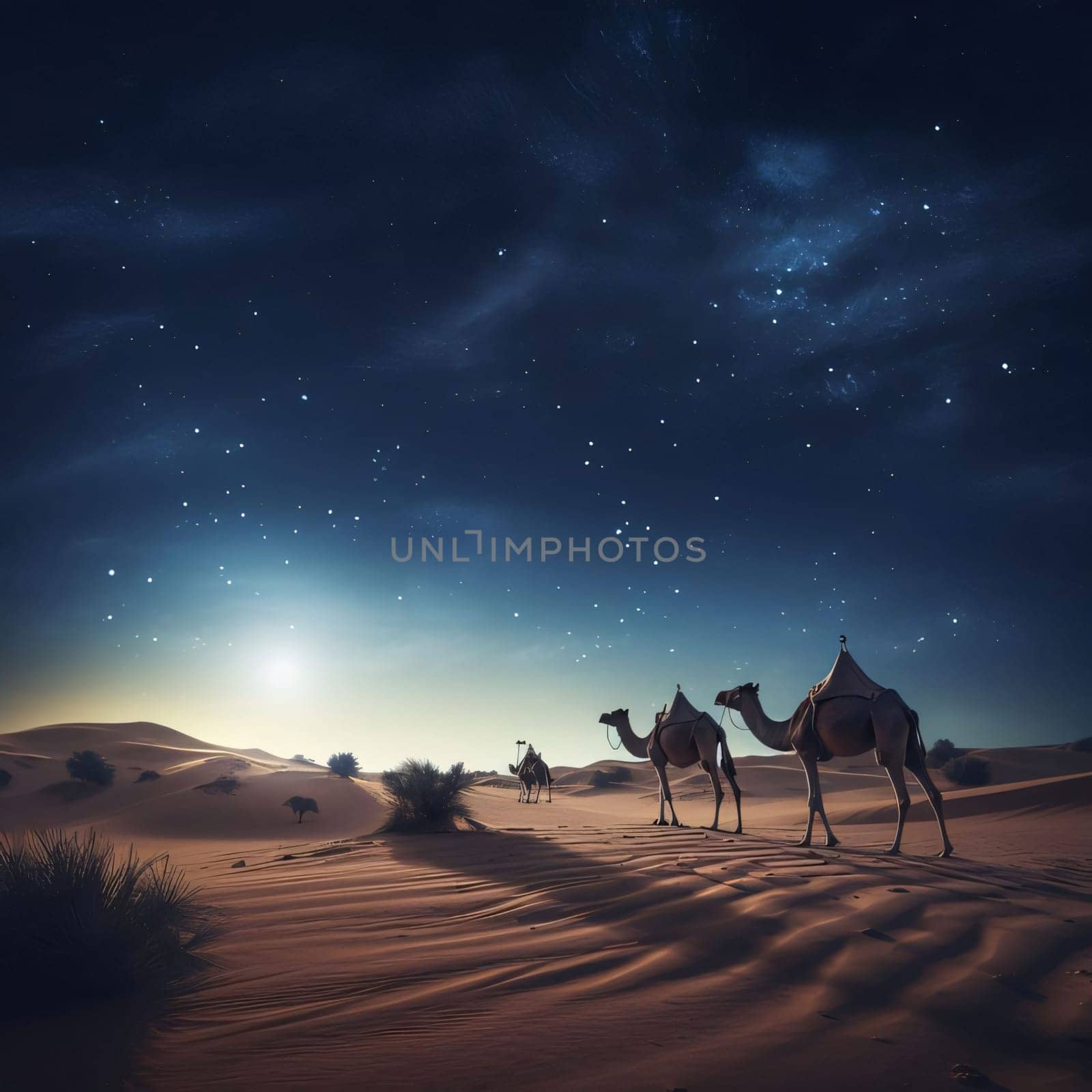 Camels traveling through deserts at sunset all around sand dark sky. Ramadan as a time of fasting and prayer for Muslims. A time to meet with Allah.