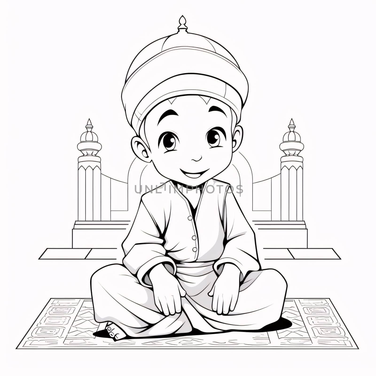Black and white coloring sheet of a boy in a turban on a rug at prayer. Ramadan as a time of fasting and prayer for Muslims. A time to meet with Allah.