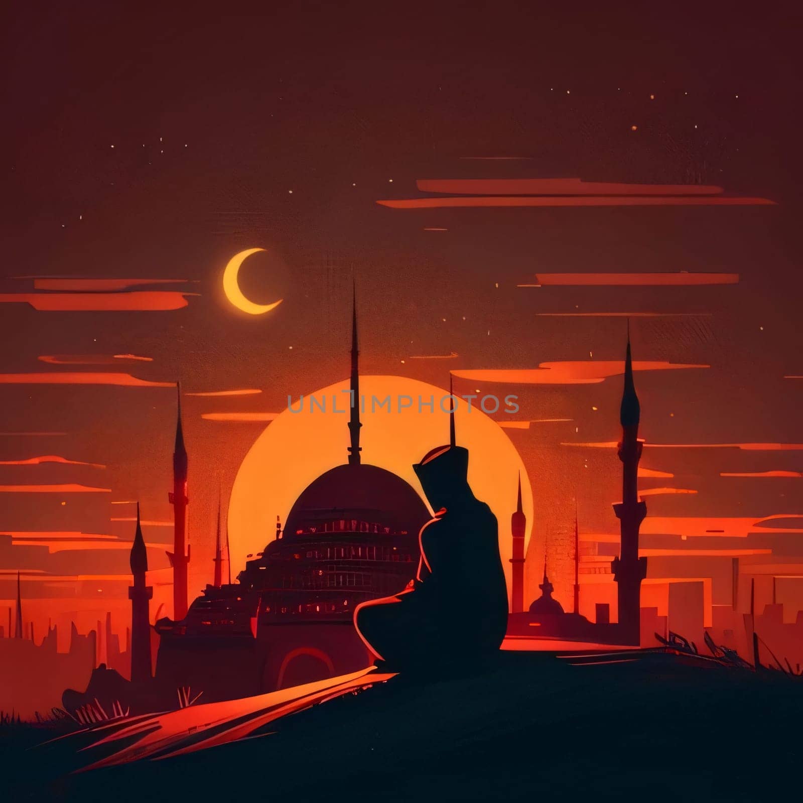 Illustration, a man wearing a hoodie sitting in front of a silhouette of a mosque at sunset. Ramadan as a time of fasting and prayer for Muslims.A time to meet with God.