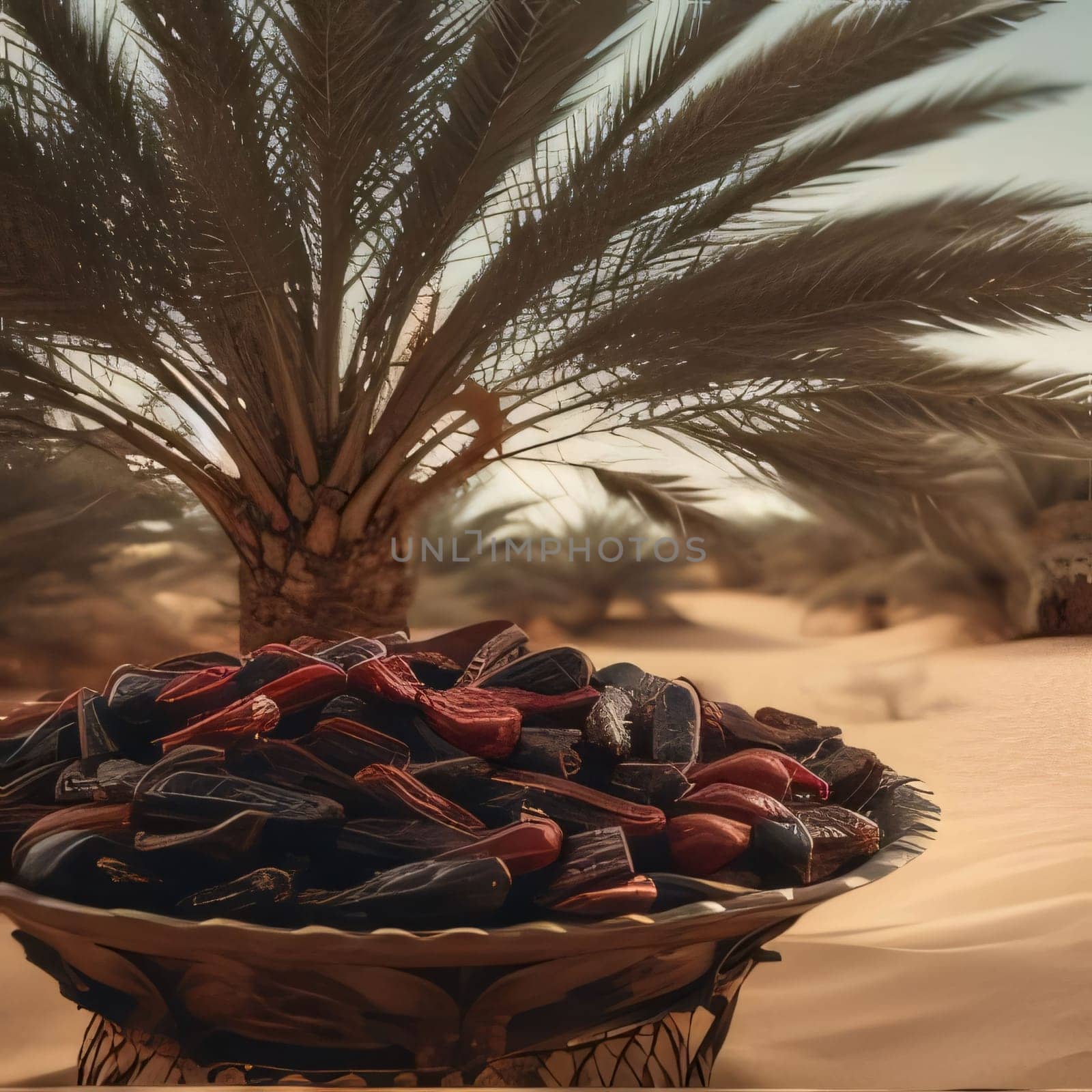 A bowl full of raisins dried grapes in the desert against a background of palm trees. Ramadan as a time of fasting and prayer for Muslims.A time to meet with God.