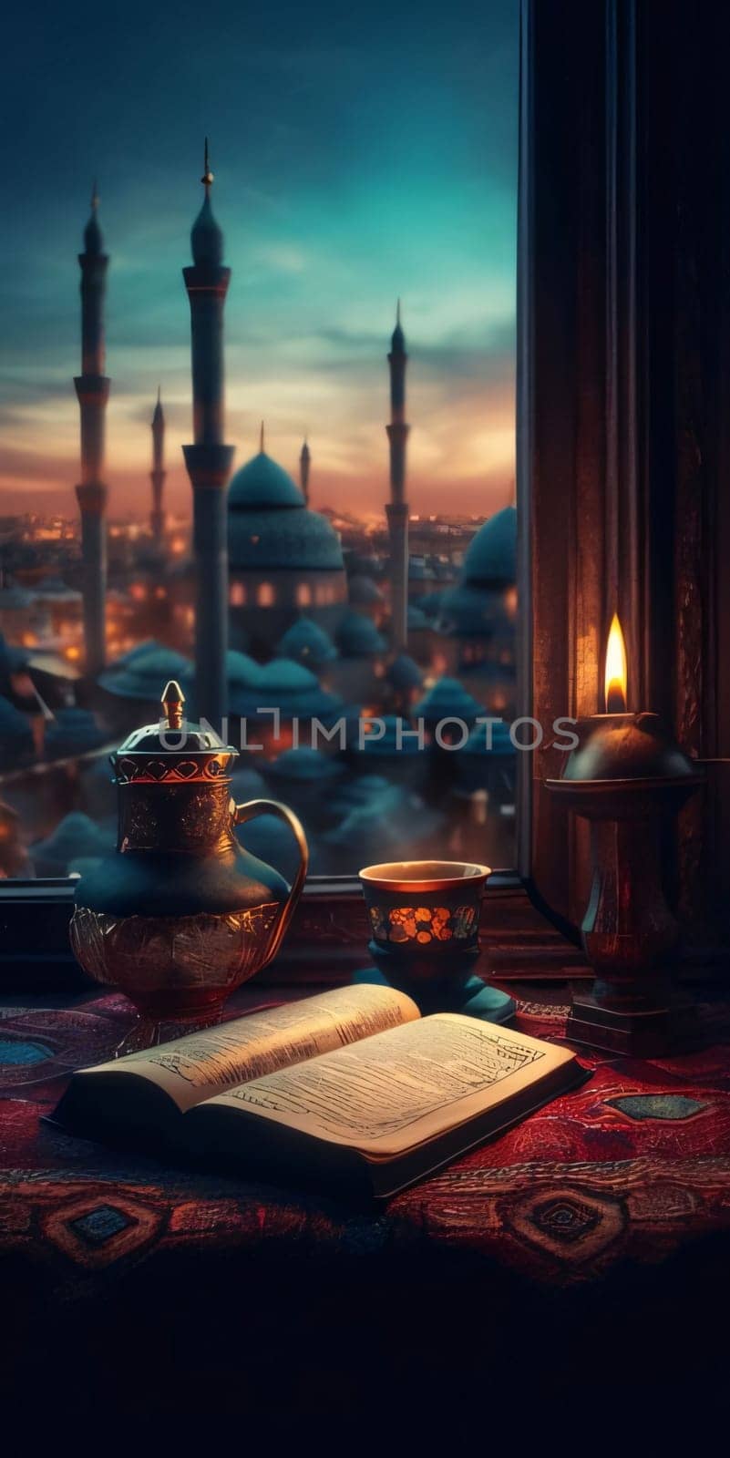 On the window burning candle decorated kettle and Cup open book of the Koran, outside the window view of the great mosque. Ramadan as a time of fasting and prayer for Muslims. by ThemesS