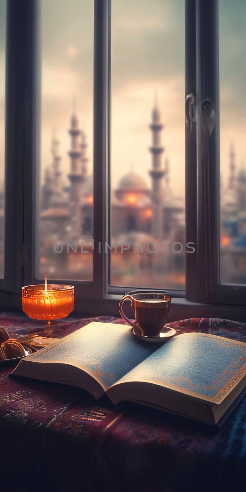 On the window burning candle decorated kettle and Cup open book of the Koran, outside the window view of the great mosque. Ramadan as a time of fasting and prayer for Muslims.A time to meet with God.