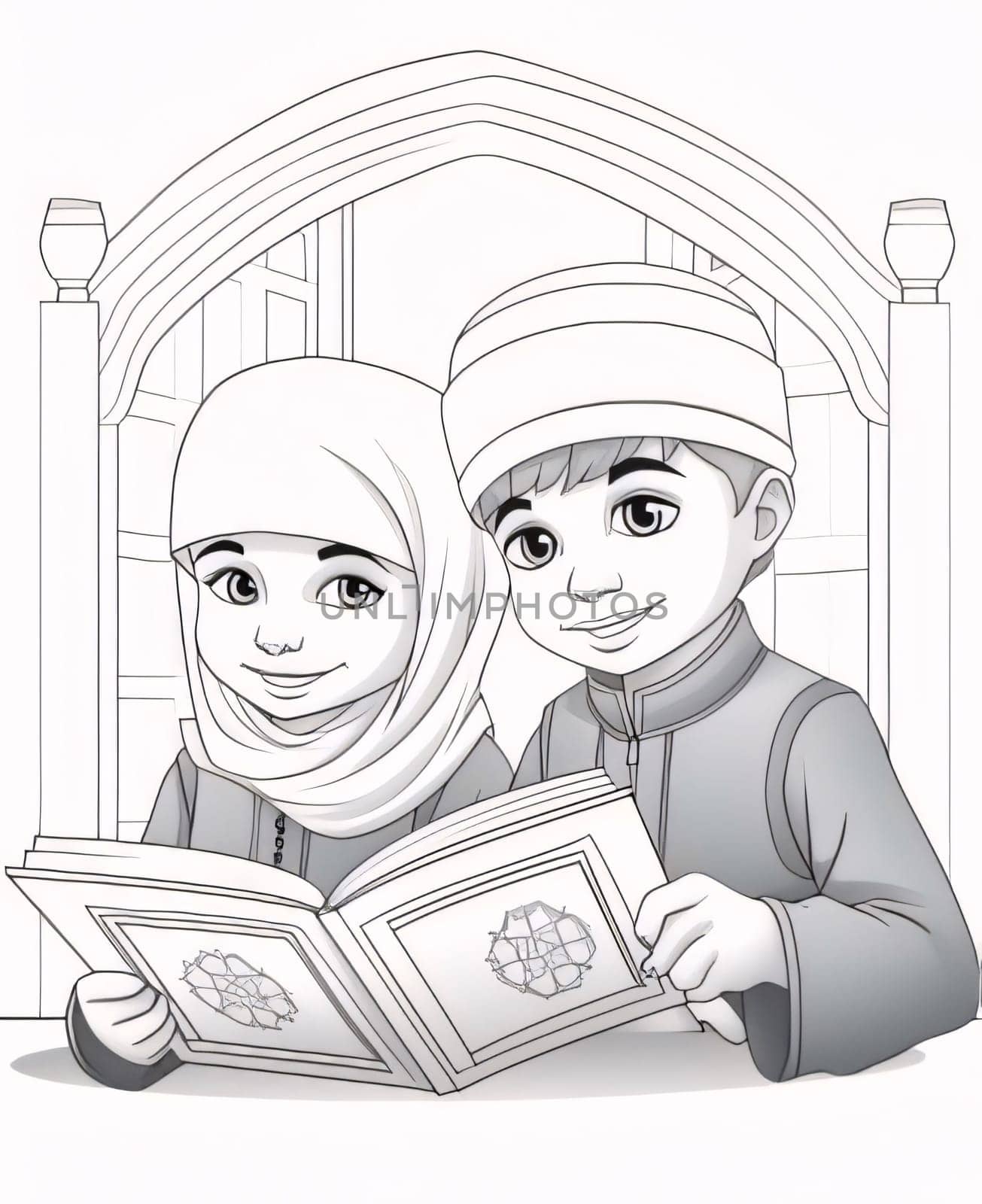 Black and white coloring page, young children holding and reading a book of the Quran. Ramadan as a time of fasting and prayer for Muslims. by ThemesS