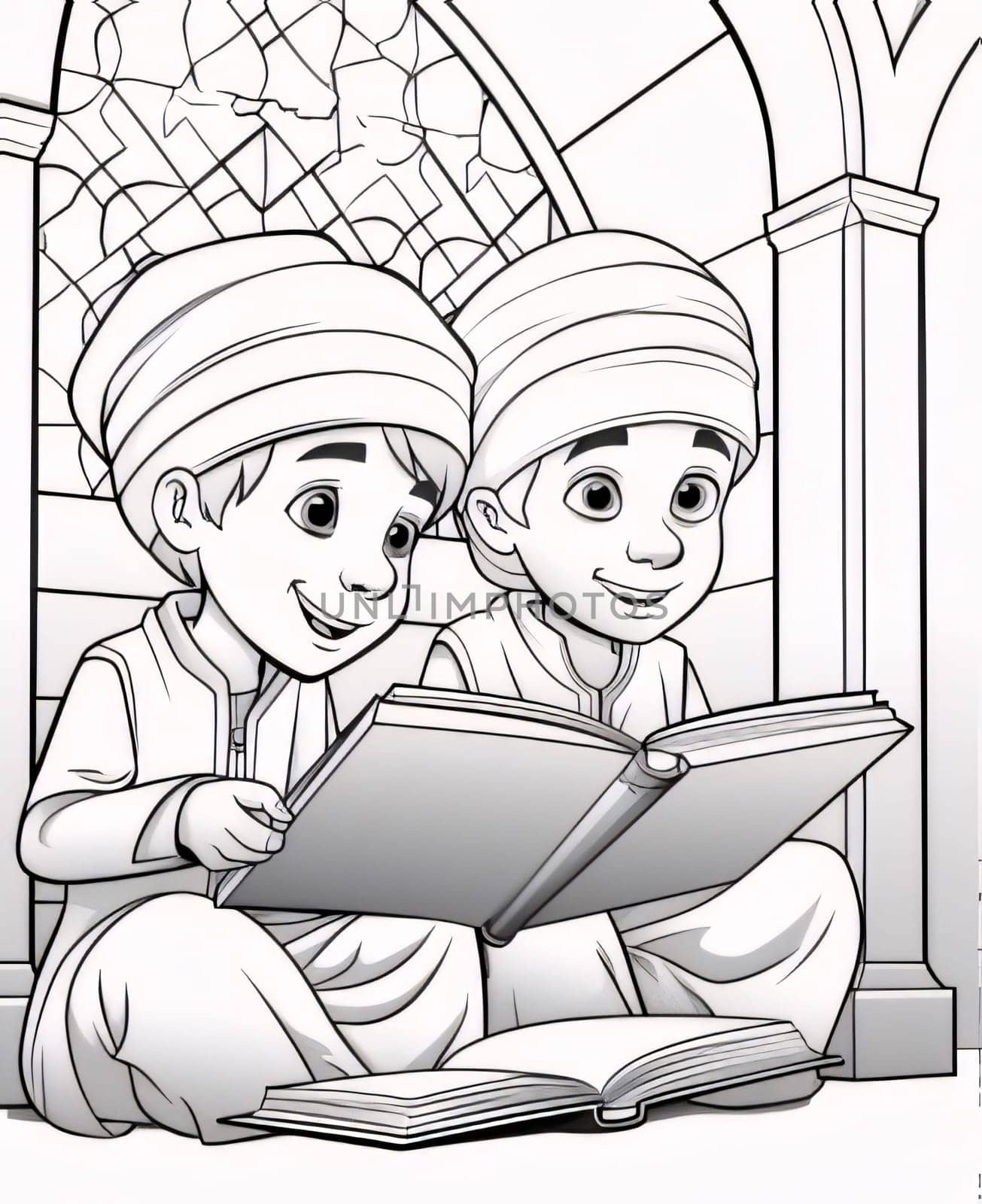 Black and white coloring page, young children holding and reading a book of the Quran. Ramadan as a time of fasting and prayer for Muslims. by ThemesS