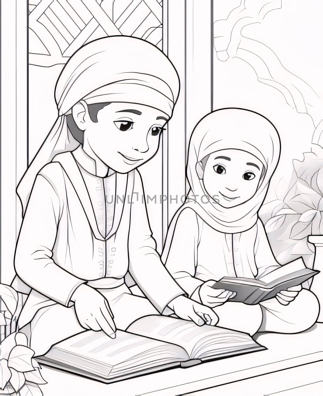 Black and white coloring page, young children holding and reading a book of the Quran. Ramadan as a time of fasting and prayer for Muslims. by ThemesS