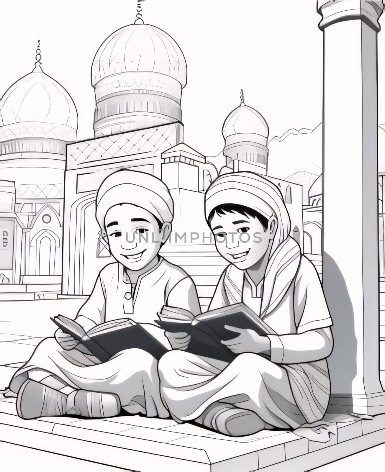 Black and white coloring page, young children holding and reading a book of the Quran. Ramadan as a time of fasting and prayer for Muslims. by ThemesS